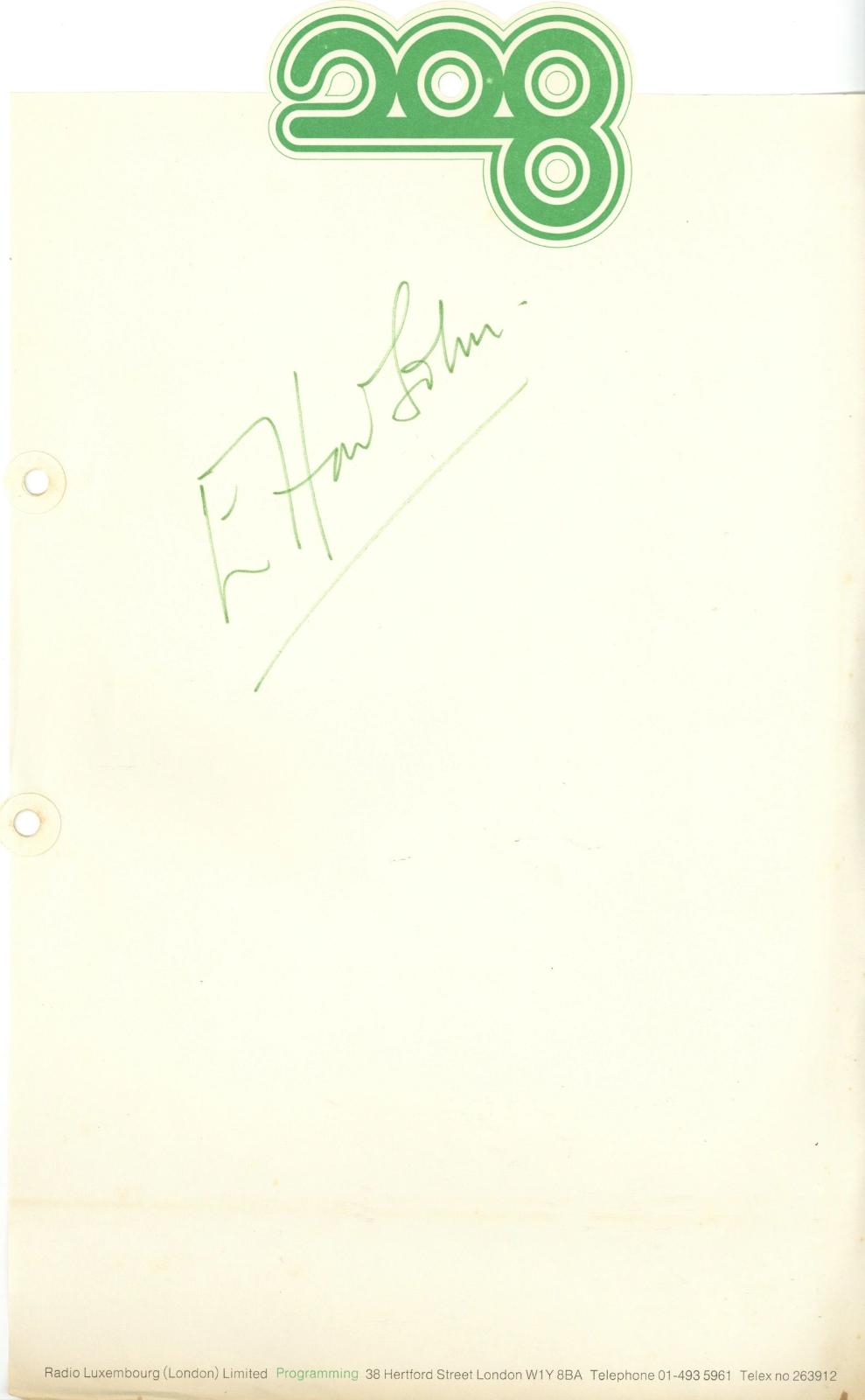 Elton John Signed Radio Luxembourg letterhead