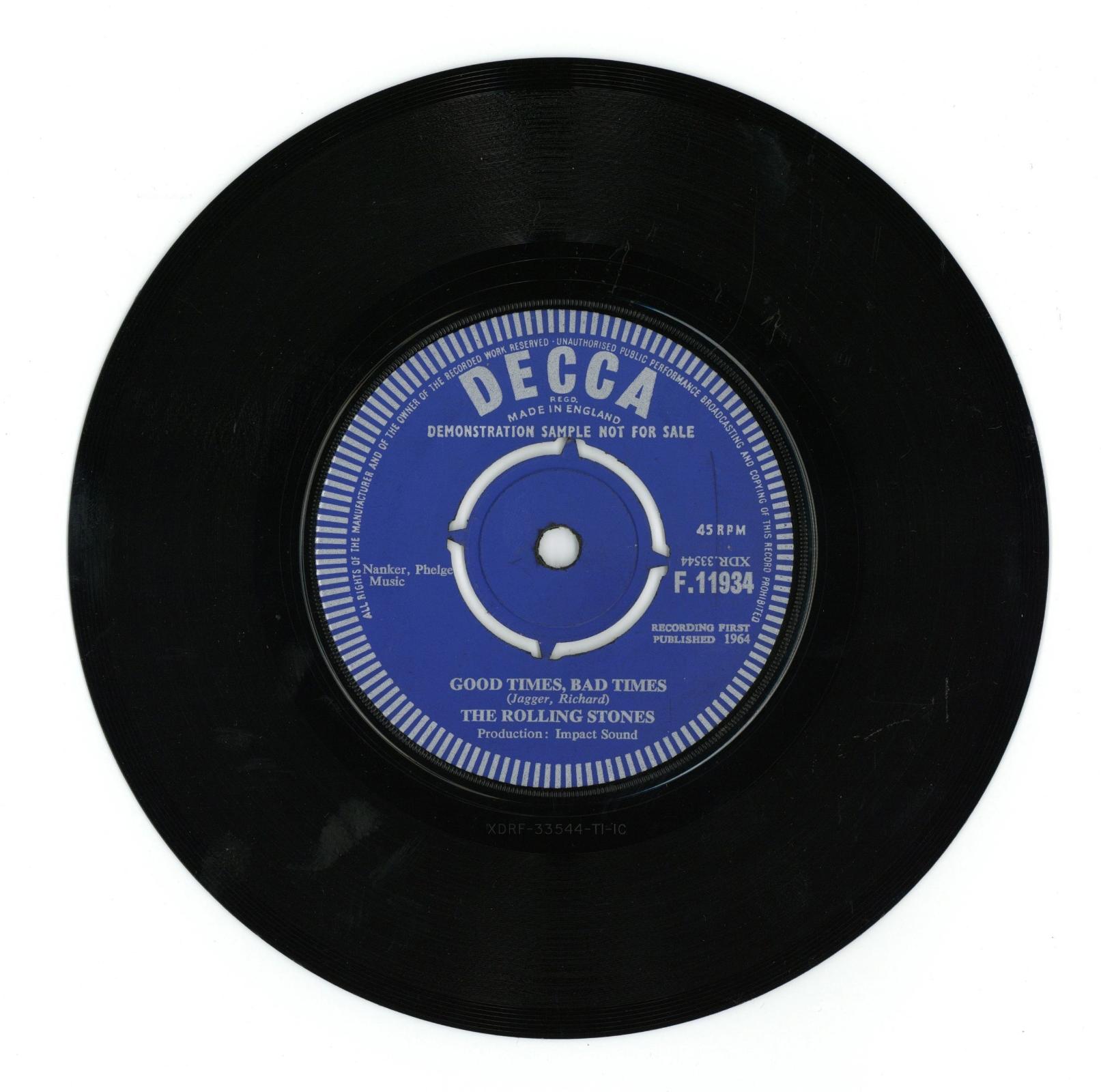 The Rolling Stones “Good Times, Bad Times” 7-Inch Demonstration Record