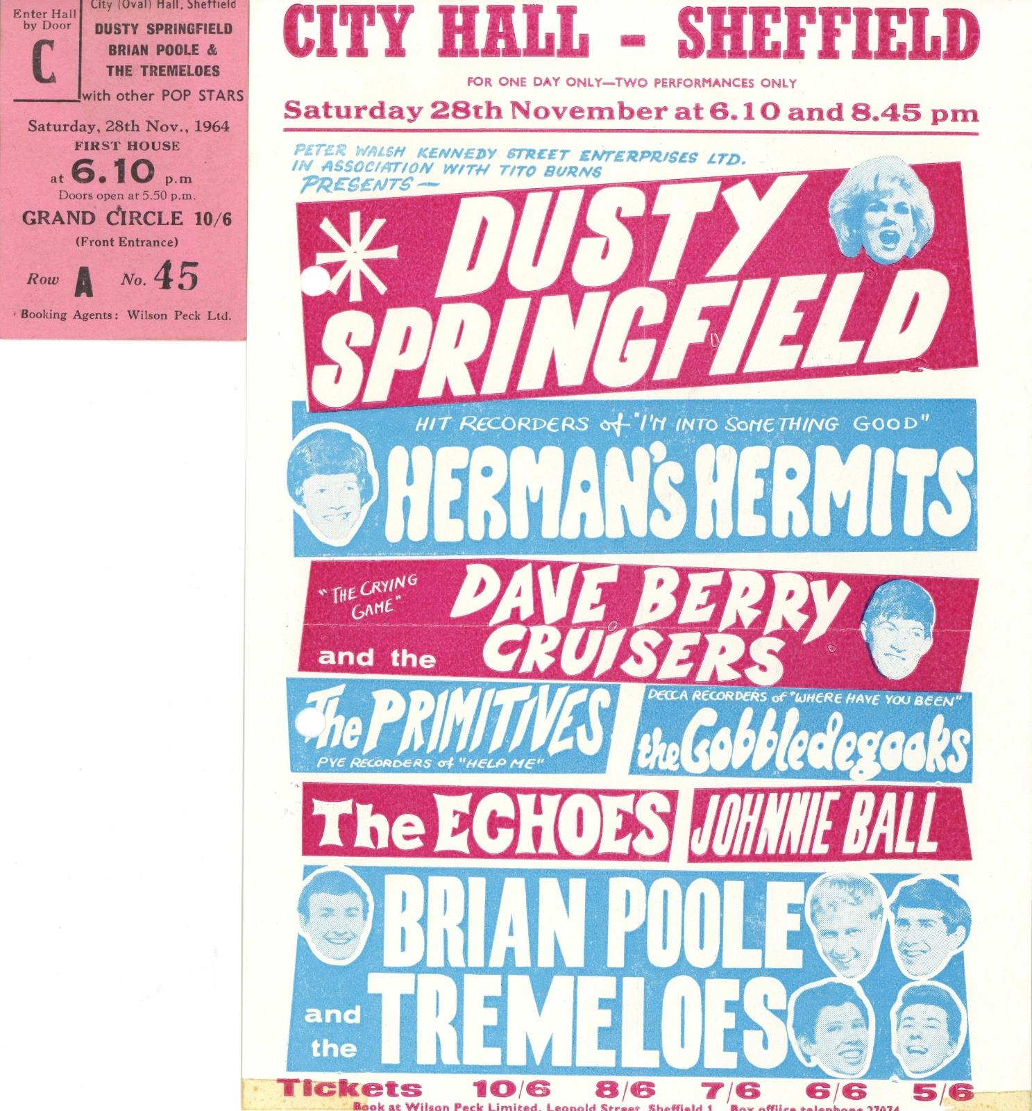Dusty Springfield Sheffield City Hall handbill and Ticket Stub 1964