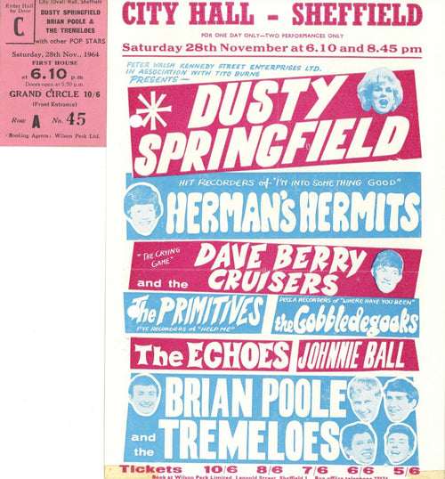 Dusty Springfield Sheffield City Hall handbill and Ticket Stub 1964