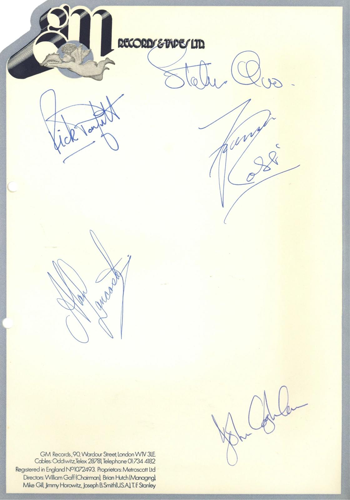 Status quo signed GM Records letterhead 1976