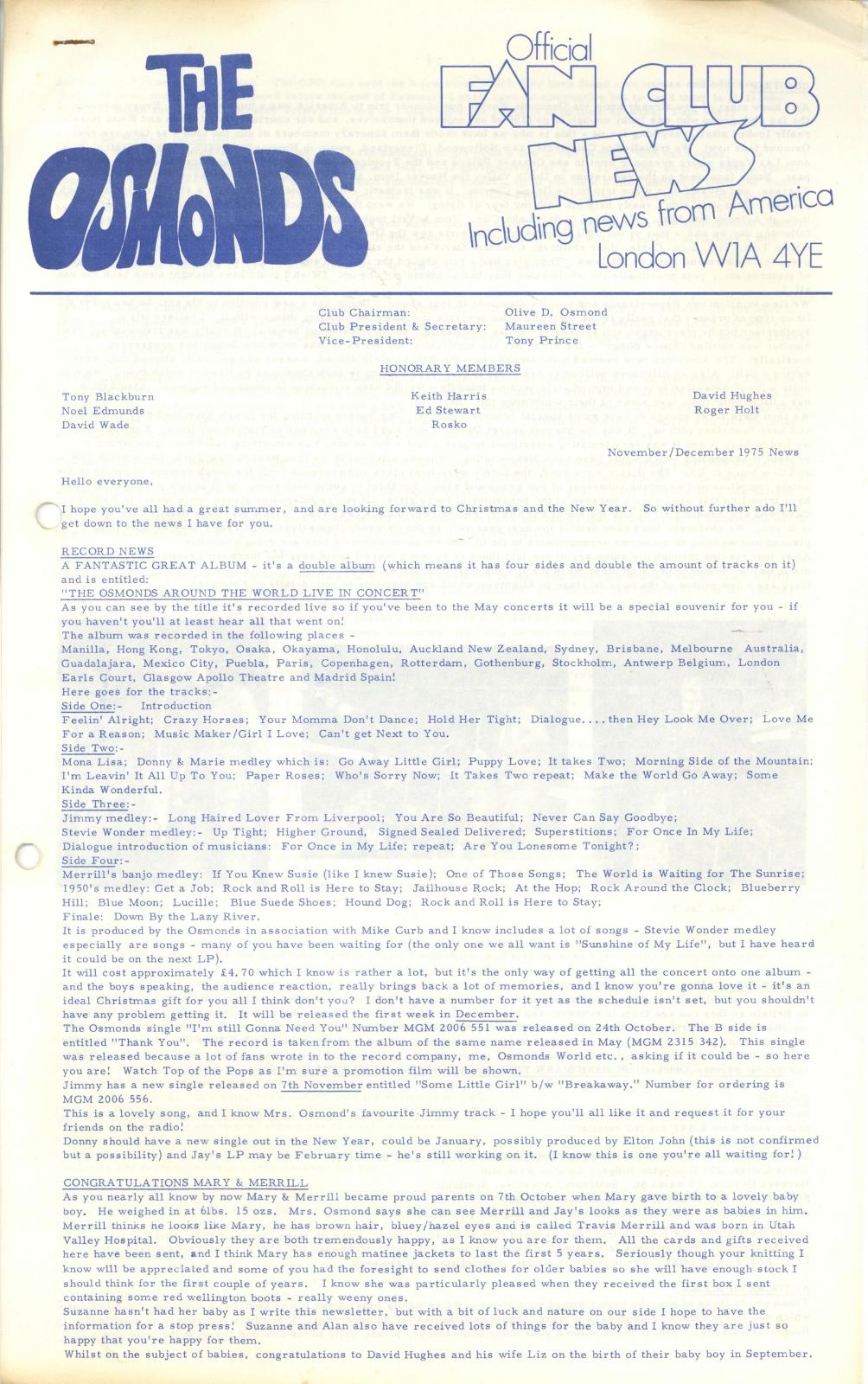 Osmonds Fan Club News newsletter 1975