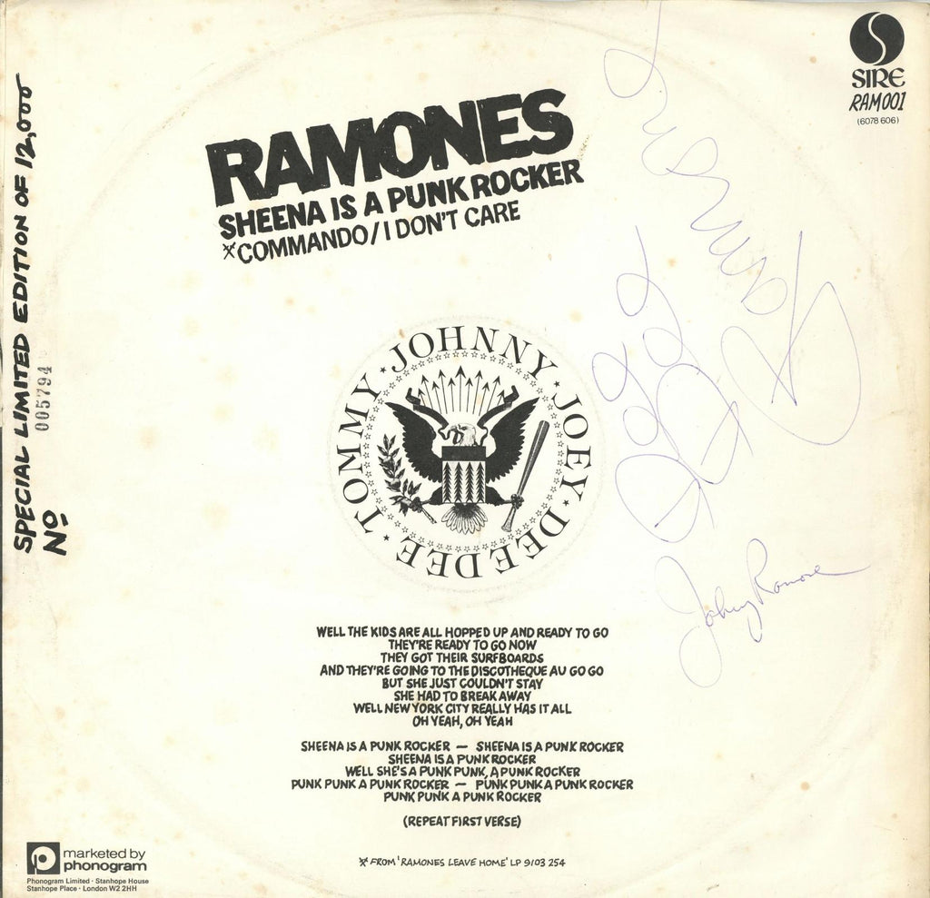 The Ramones Signed “Sheena is a Punk Rocker” 12” single 1977