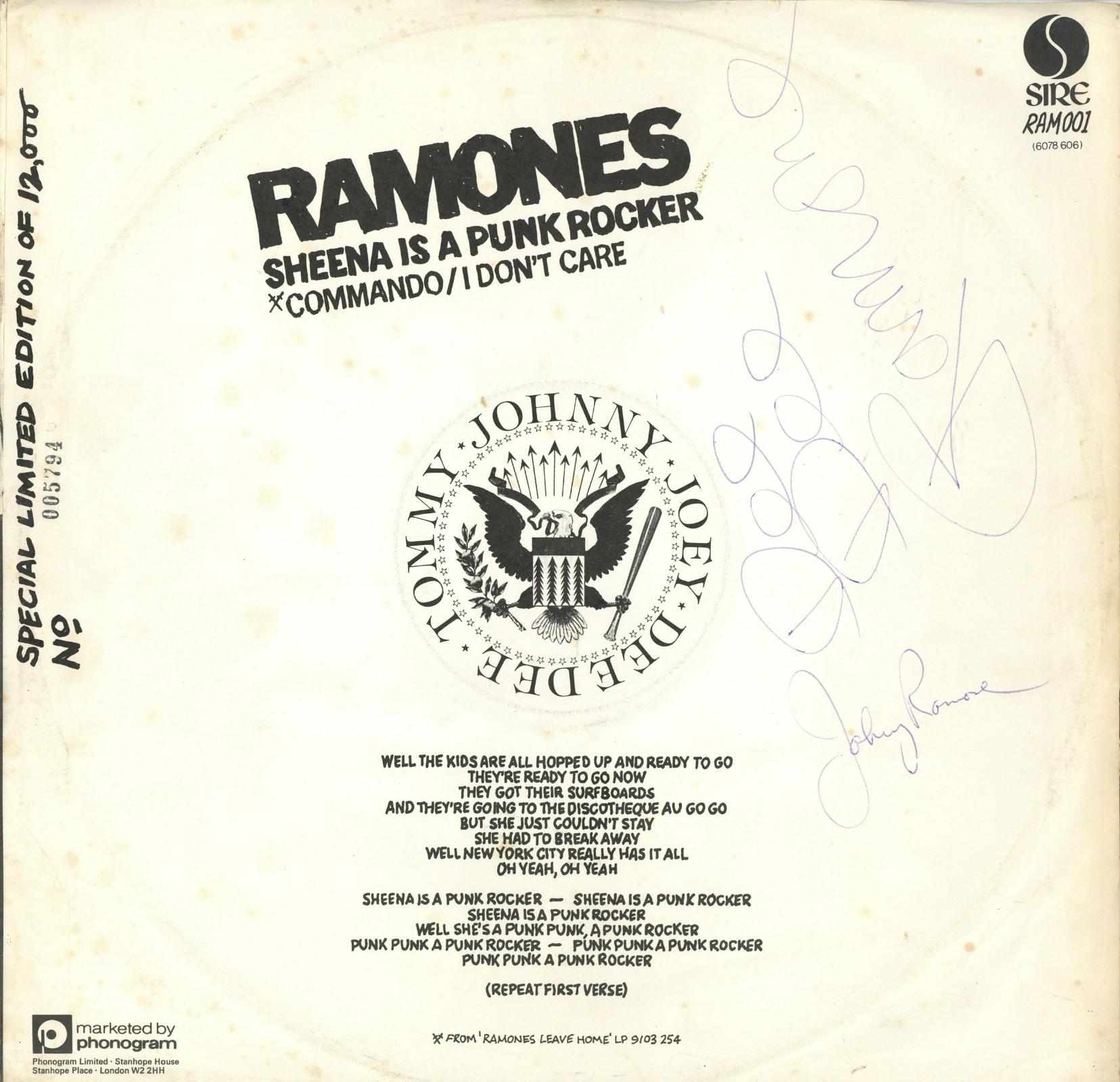 The Ramones Signed “Sheena is a Punk Rocker” 12” single 1977