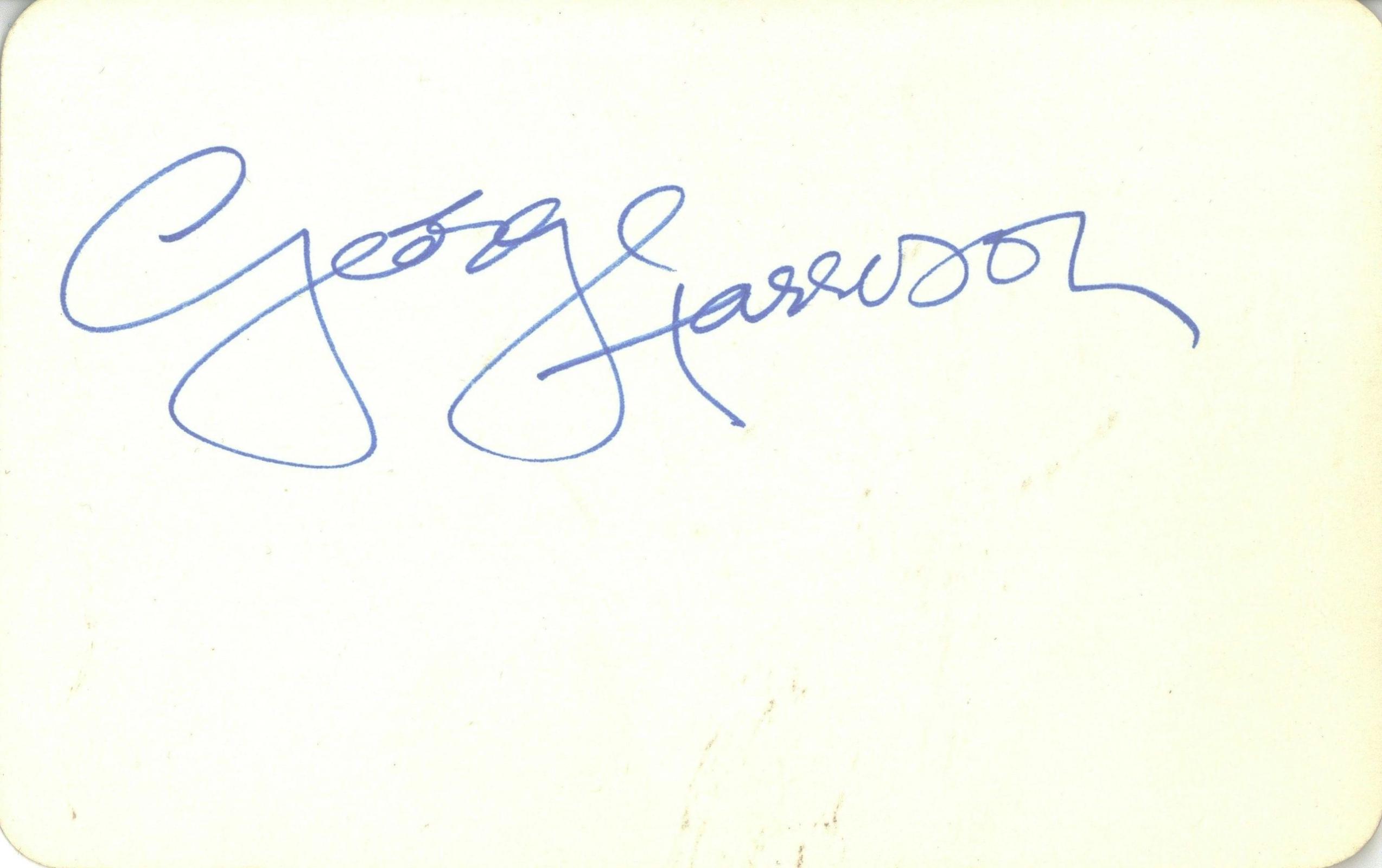 George Harrison signed index card