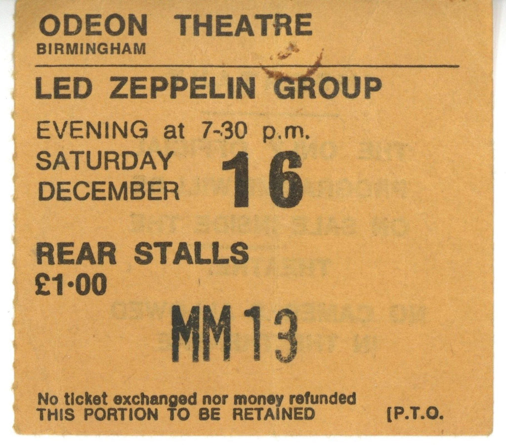 Led Zeppelin Ticket Stub Birmingham 1972