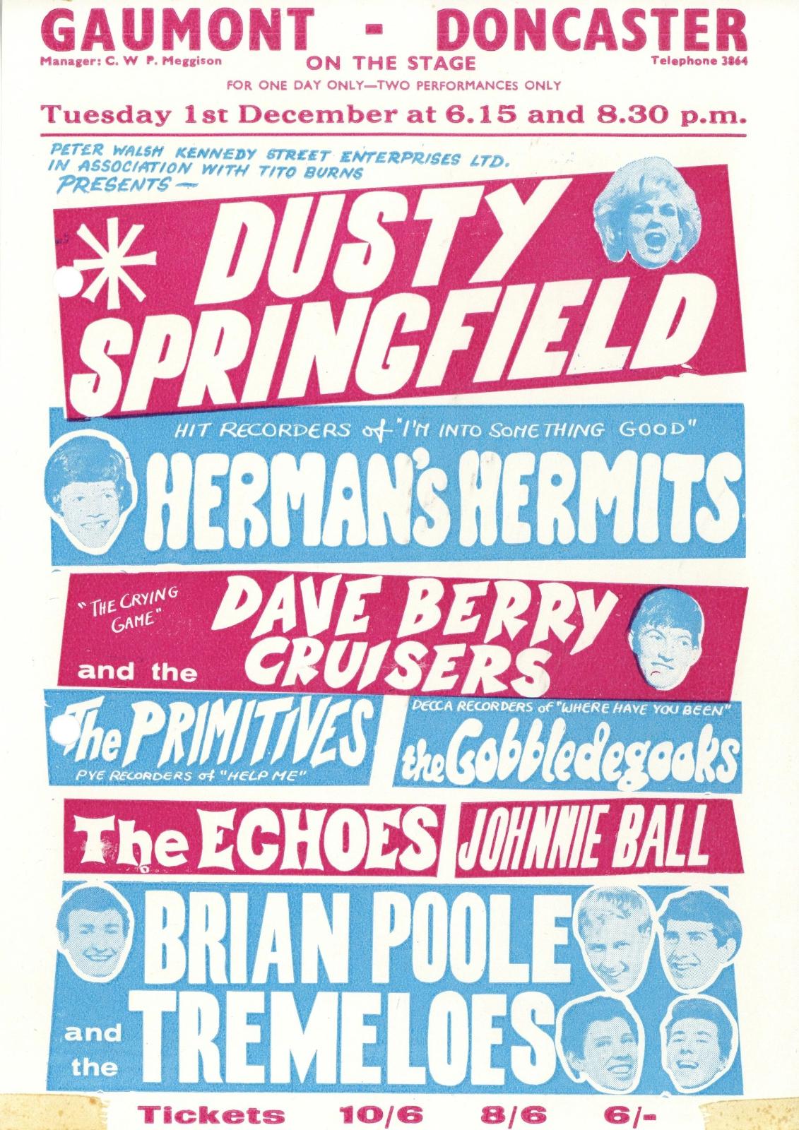 Dusty Springfield Gaumont Theatre Doncaster Handbill 1964