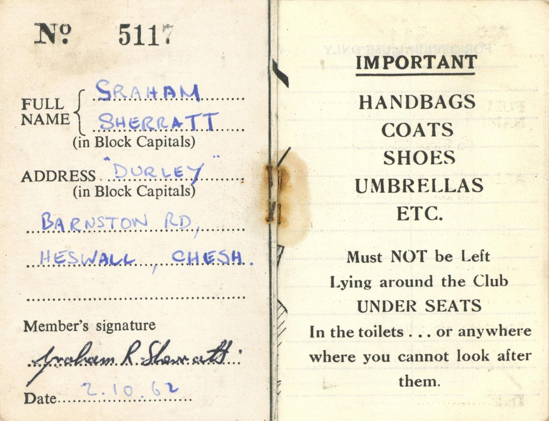 The Cavern Club Membership Card 1962