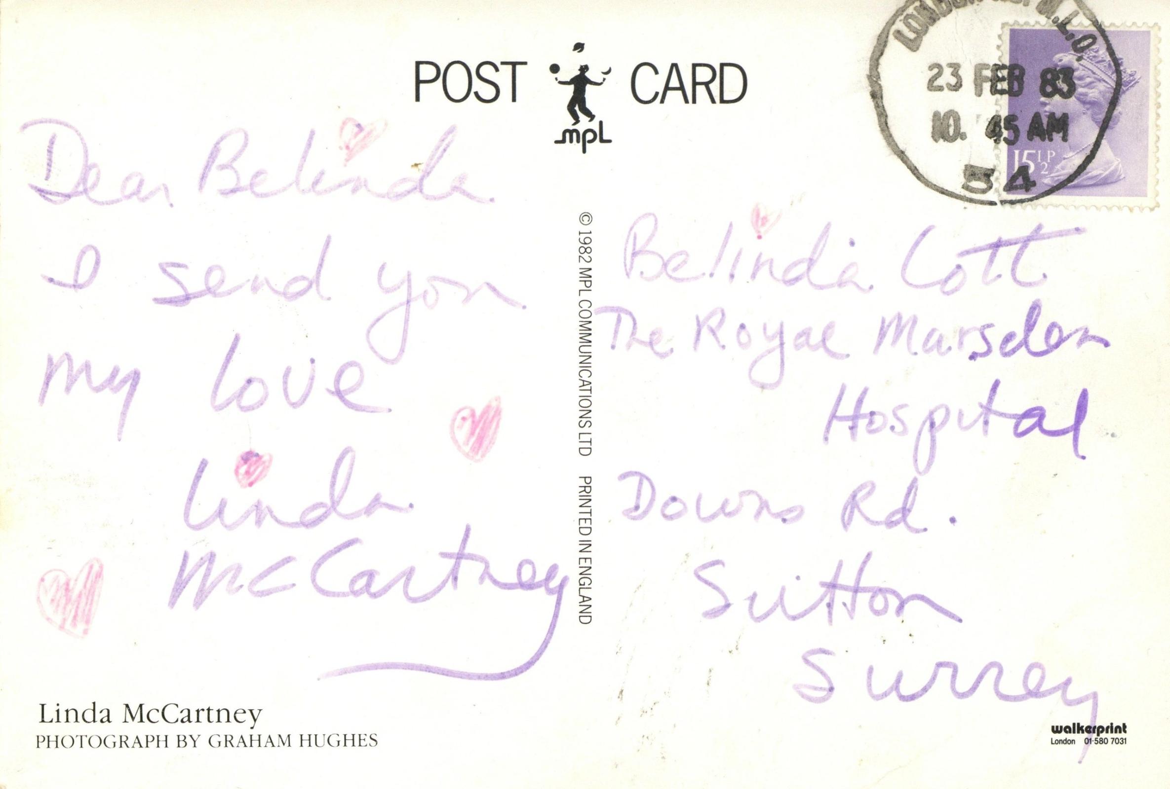 Linda McCartney handwritten postcard 1983