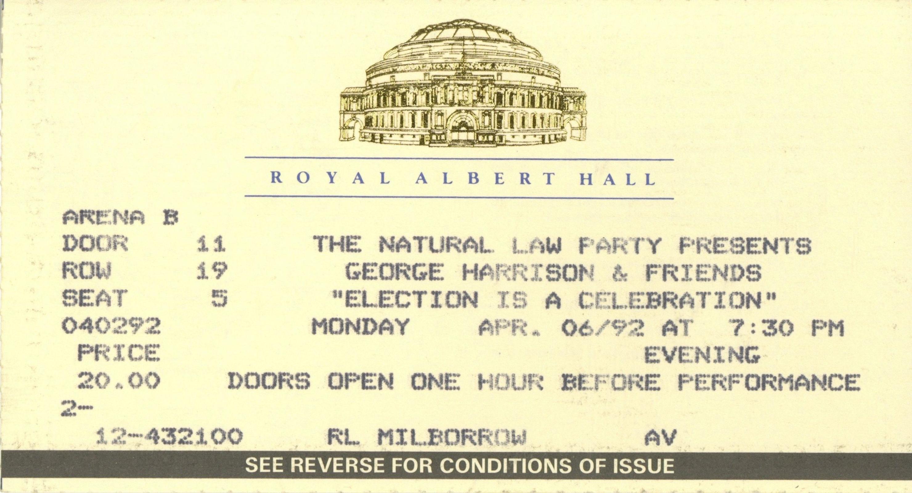 George Harrison & Friends at the Royal Albert Hall ticket stub