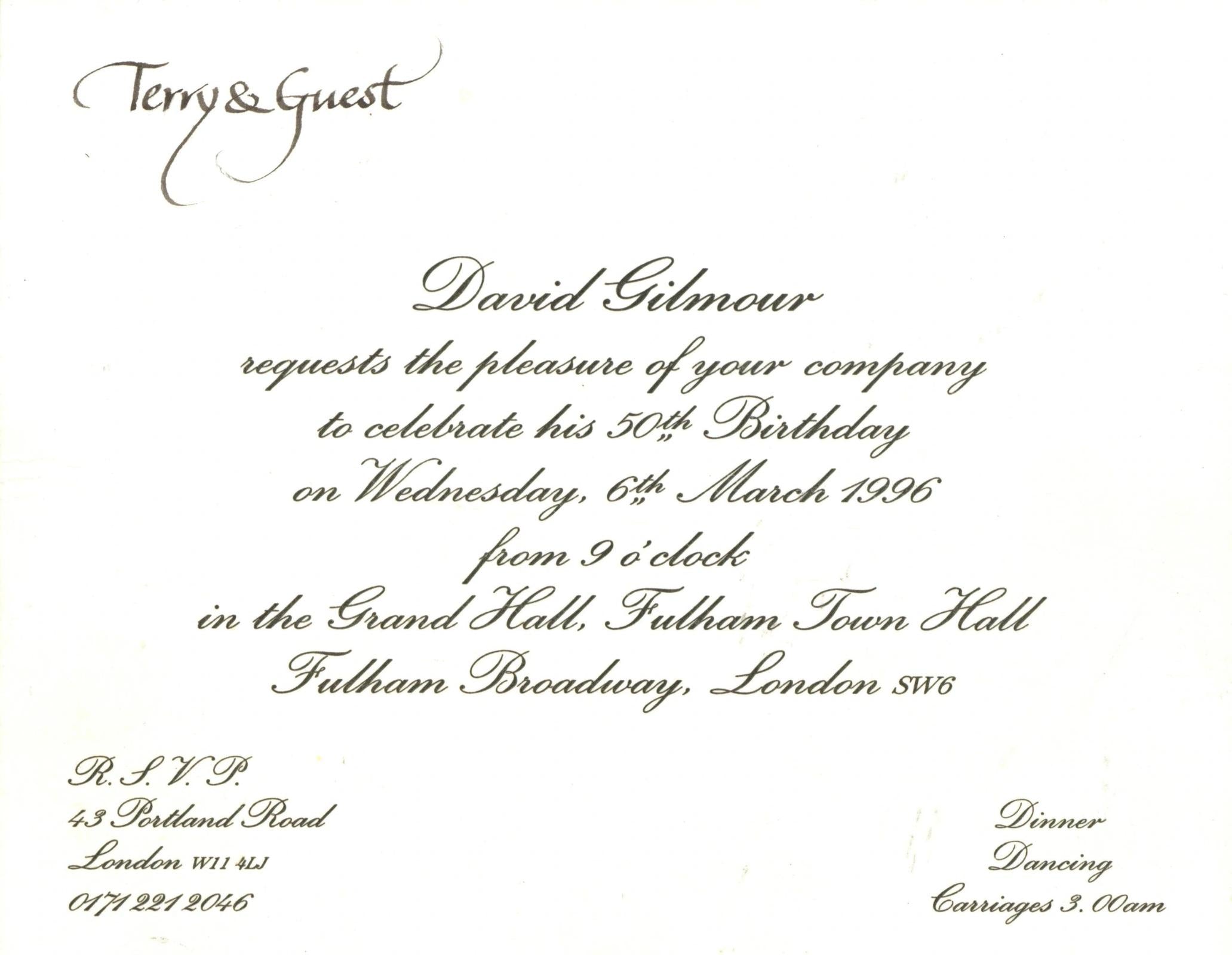 David Gilmour's 50th birthday invitation card