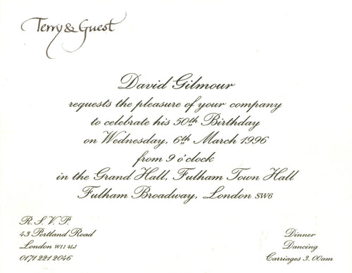 David Gilmour's 50th birthday invitation card