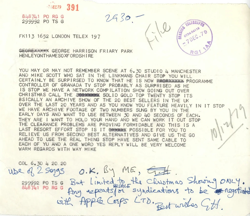 George Harrison annotated Telex 1979