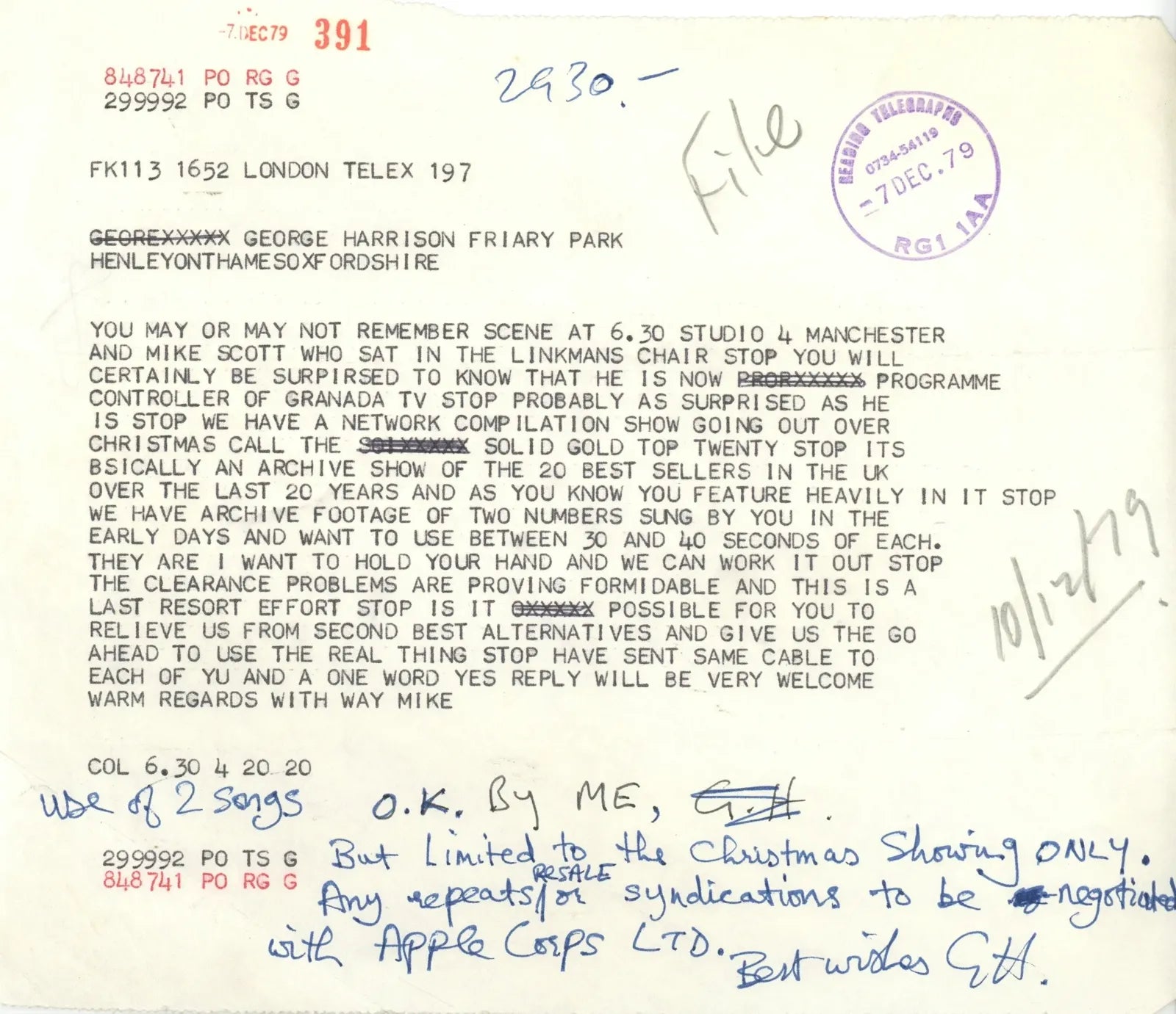 George Harrison annotated Telex 1979