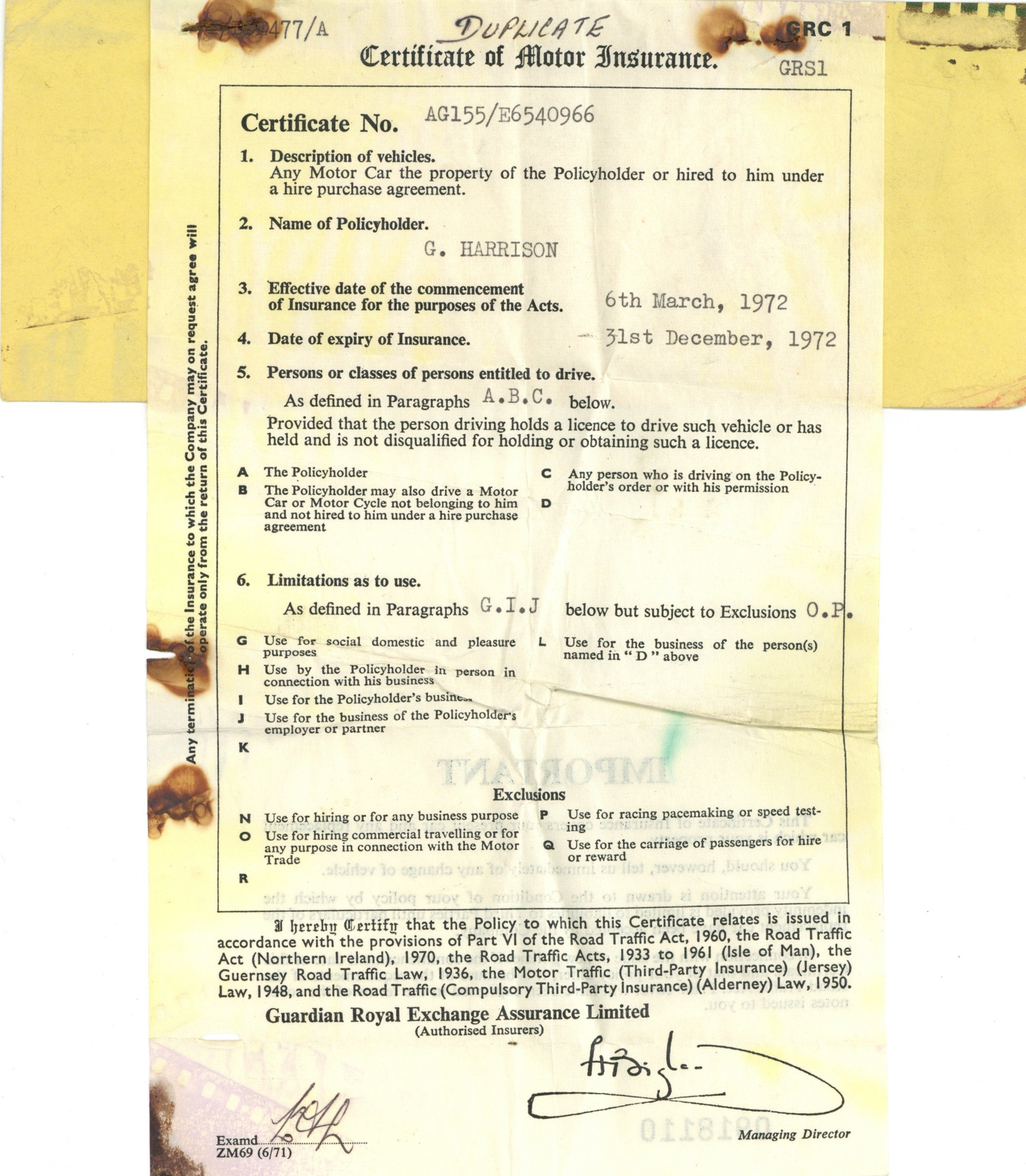 George Harrison Car insurance certificate 1972
