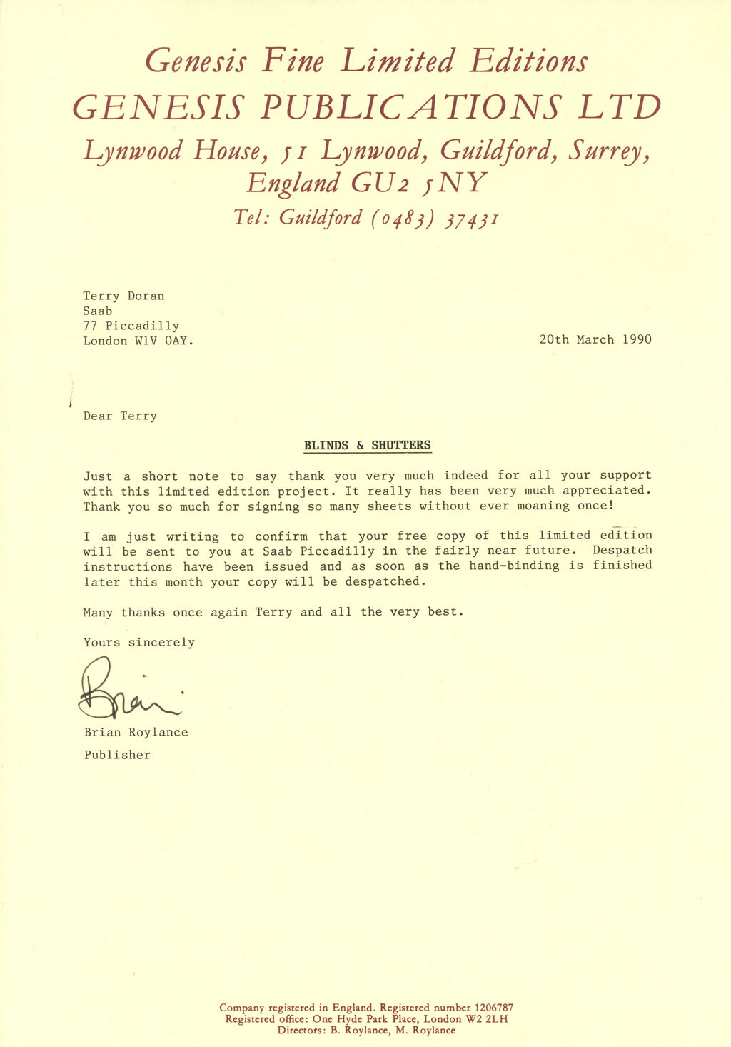 Genesis Publications "Blinds & Shutters" Contributor's Edition Terry Doran Collection