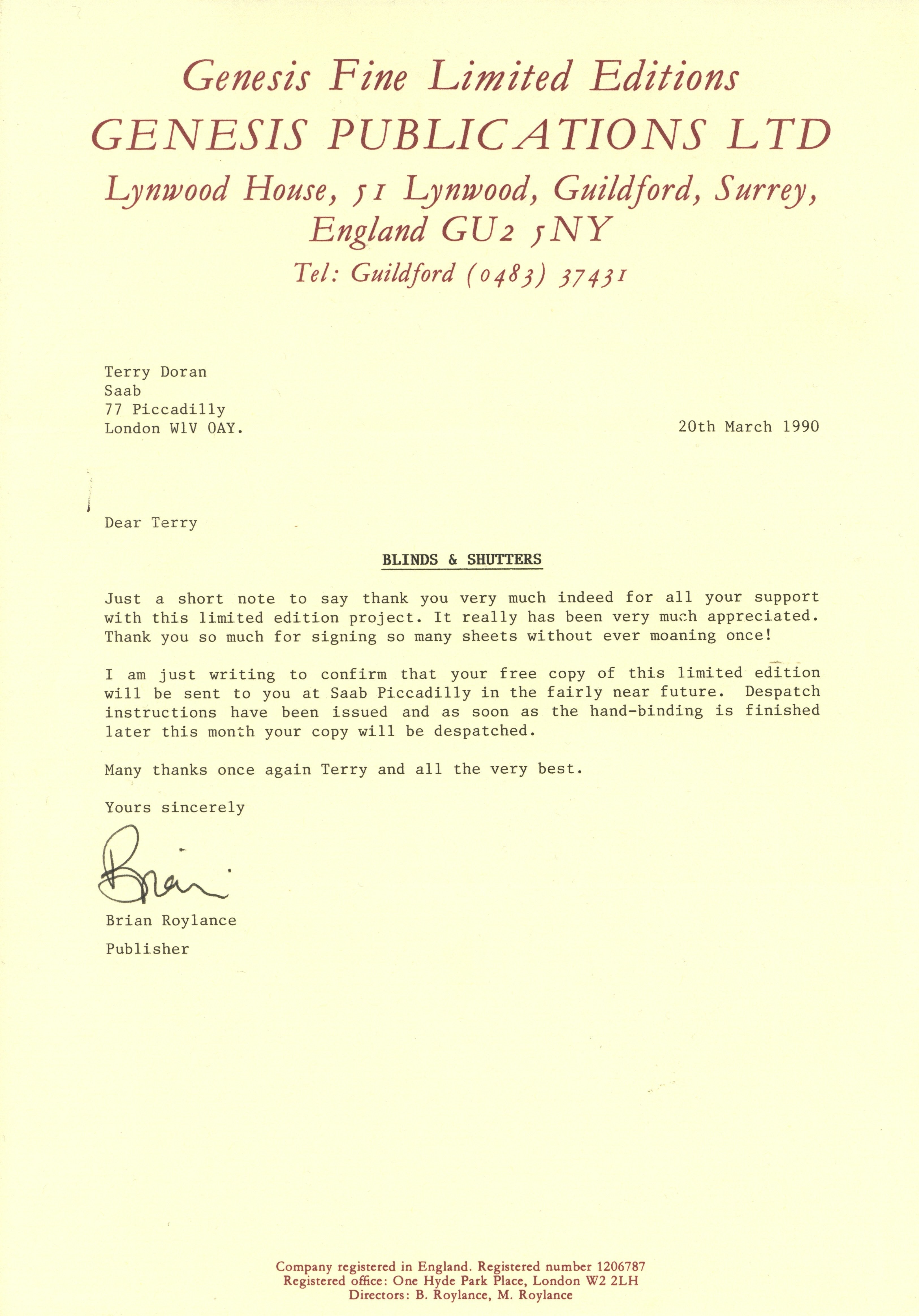 Genesis Publications "Blinds & Shutters" Contributor's Edition Terry Doran Collection