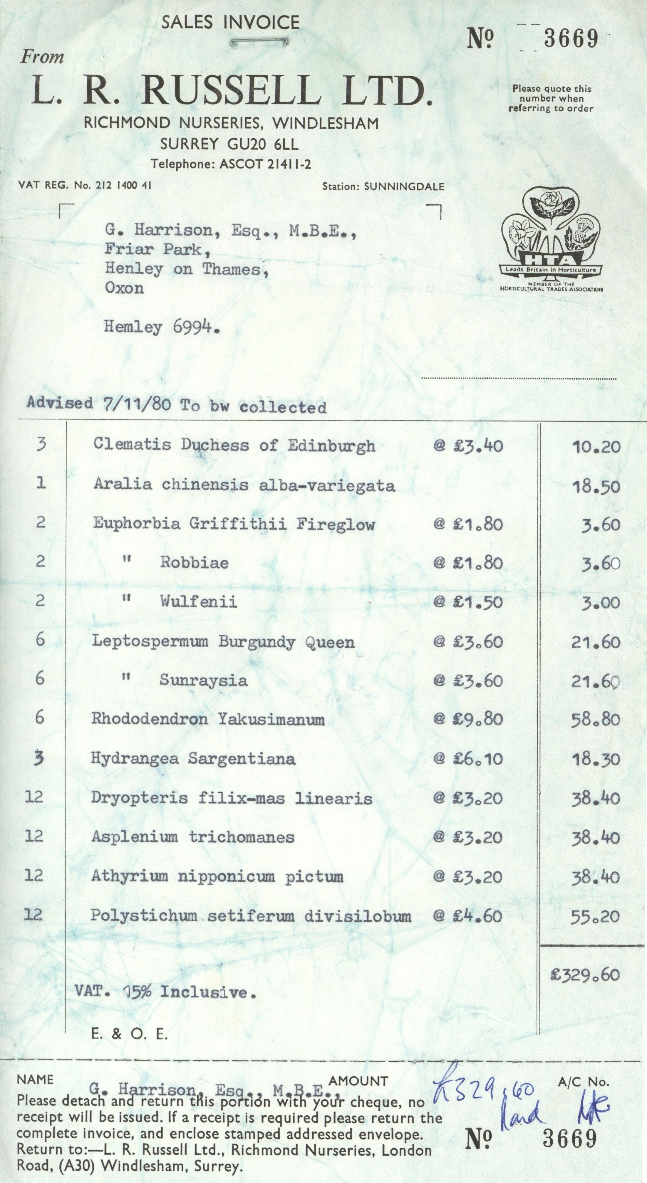 George Harrison L.R. Russell Ltd Sales Invoice 1980