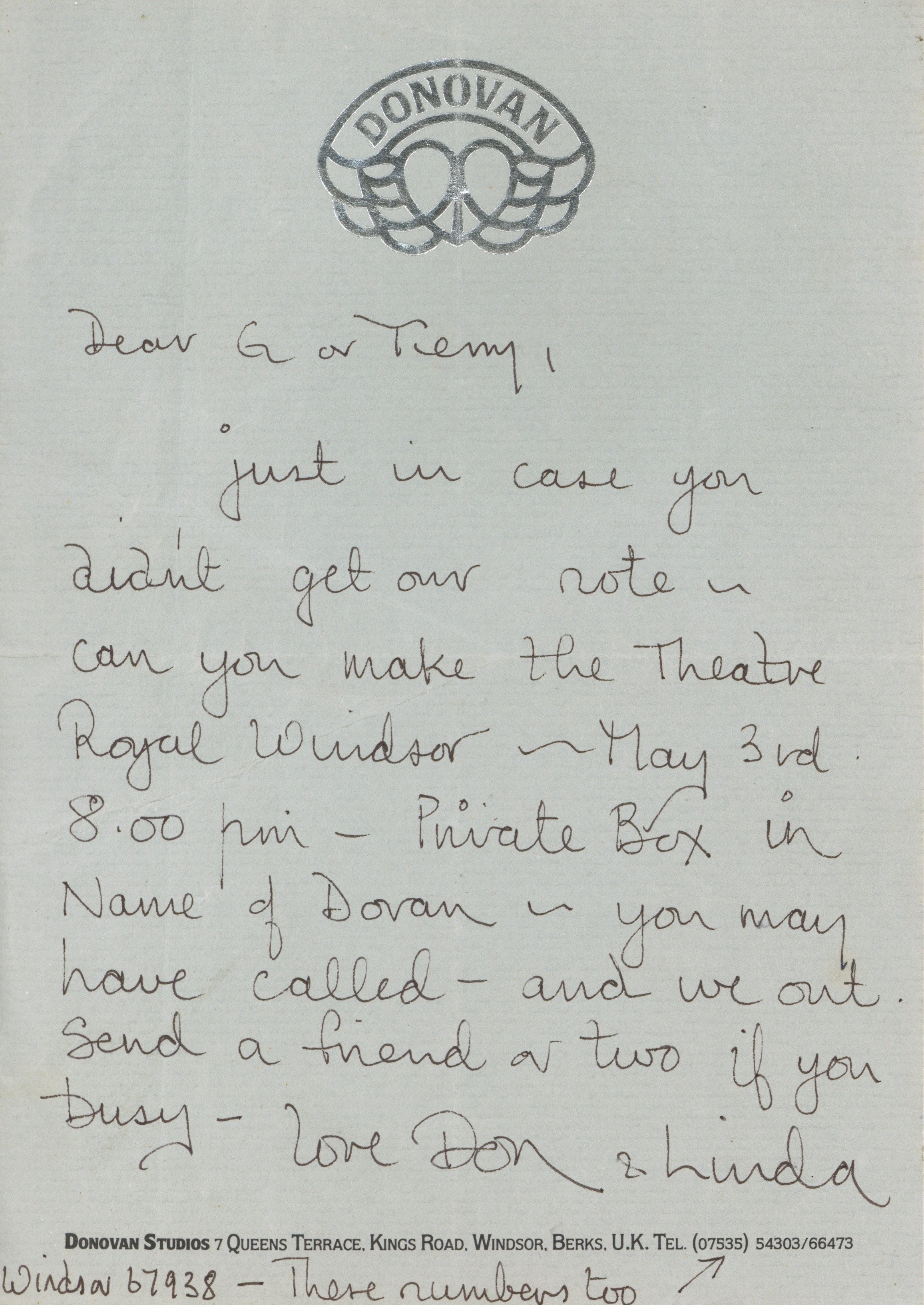 Donovan Handwritten letter