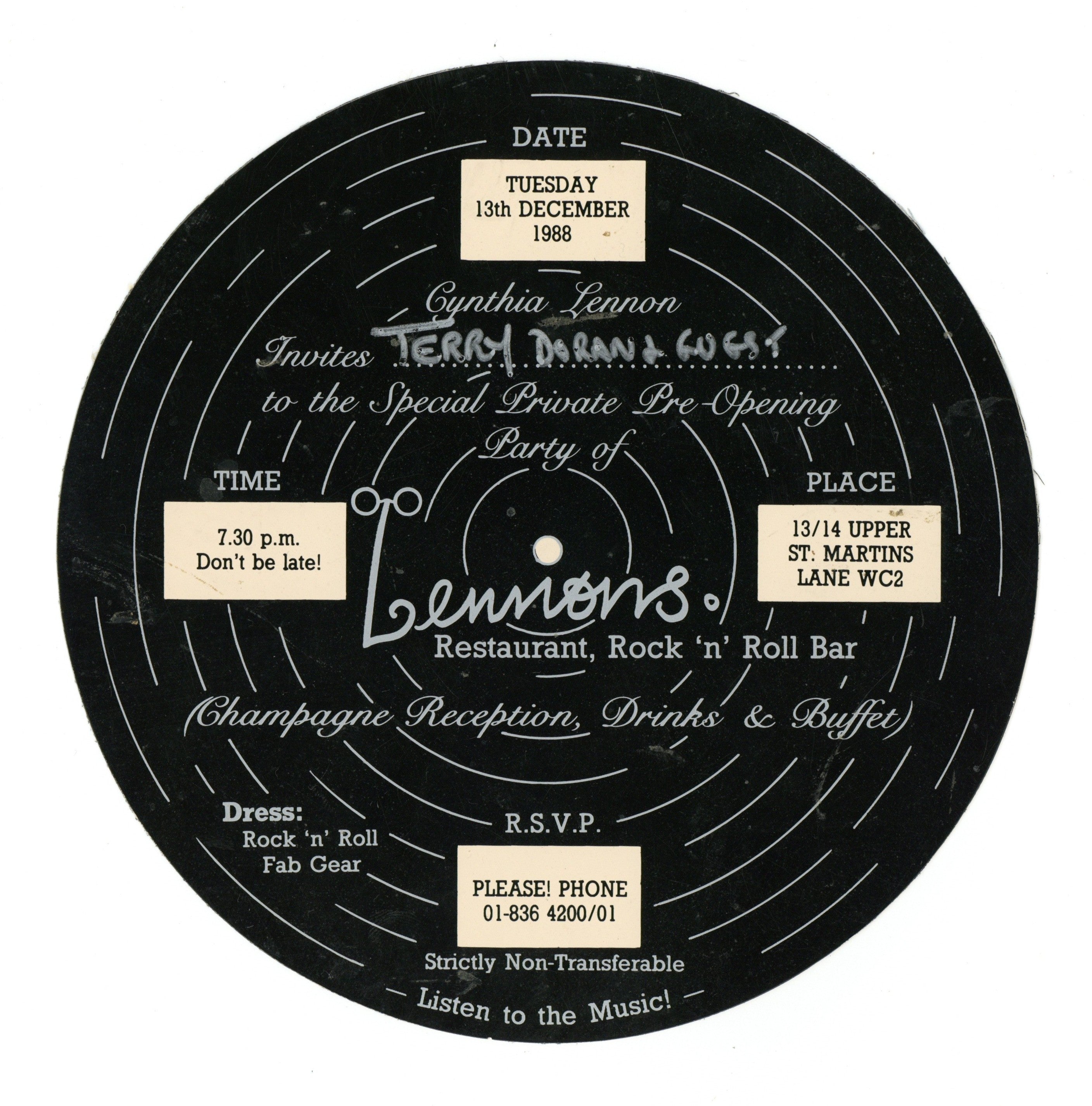 "Lennons" Restaurant and Rock 'n' Roll Bar Private Pre-Opening Party Invitation