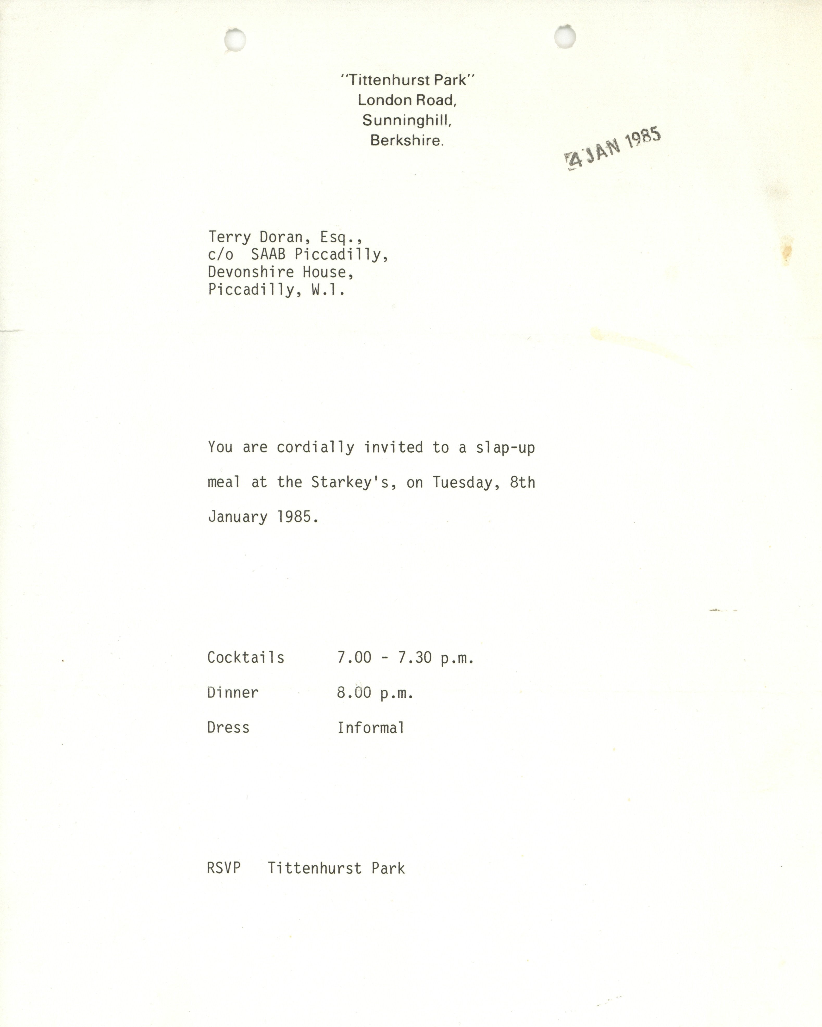 Ringo Starr Tittenhurst Park Invitation 1985