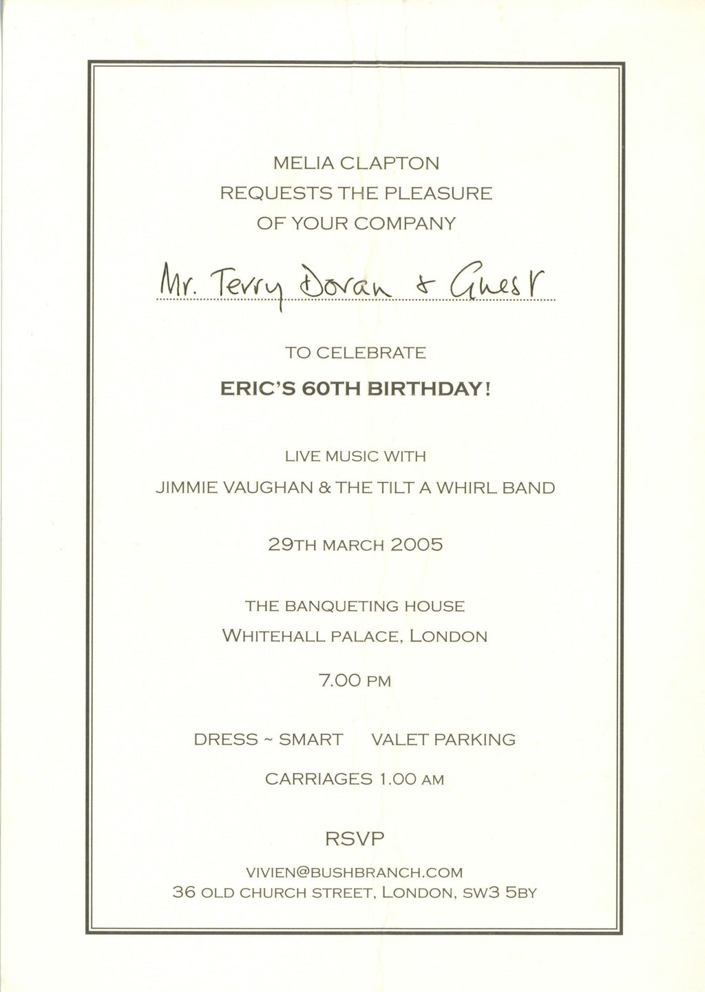 Eric Clapton 60th birthday party programme and invitation