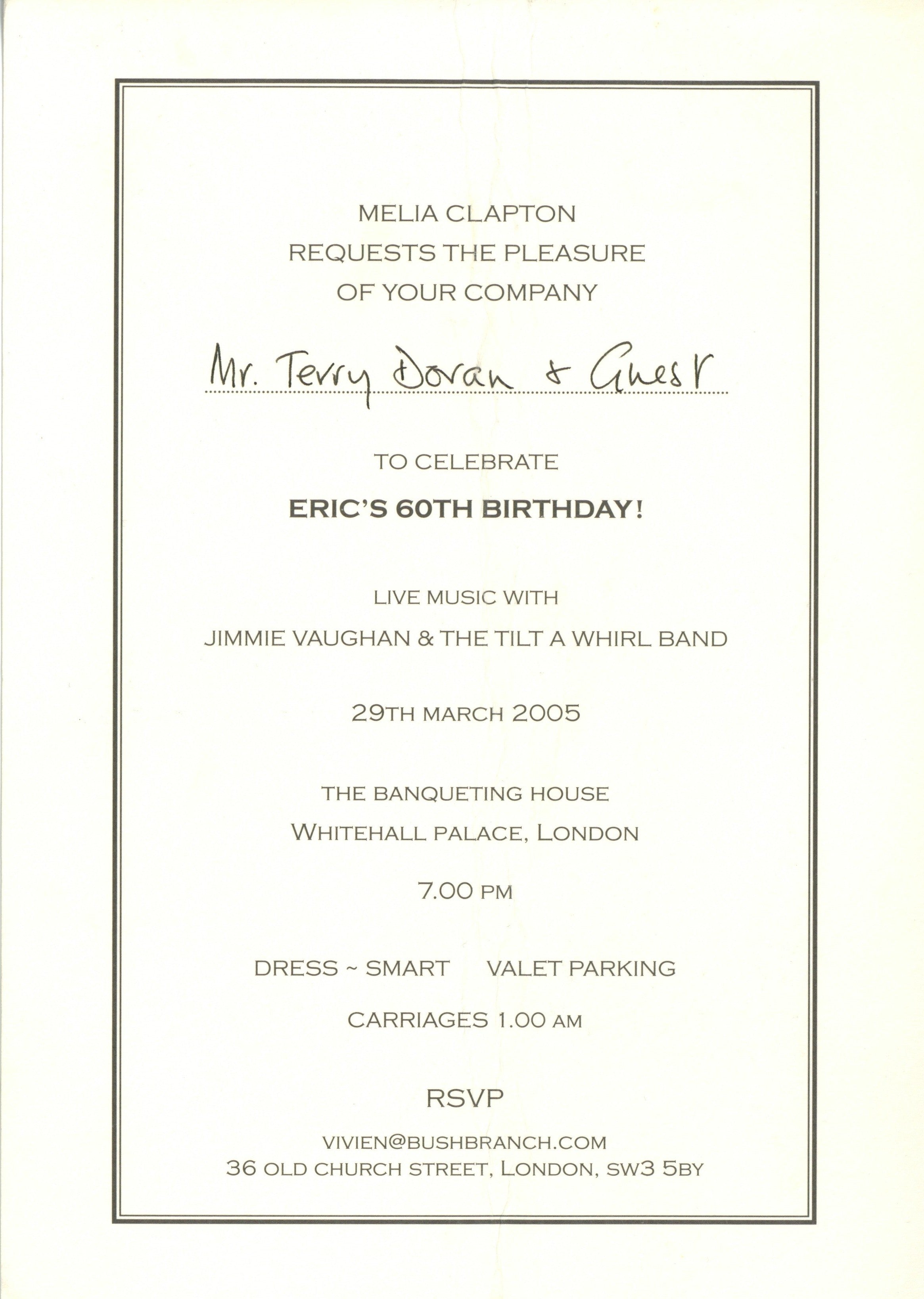 Eric Clapton 60th birthday party programme and invitation