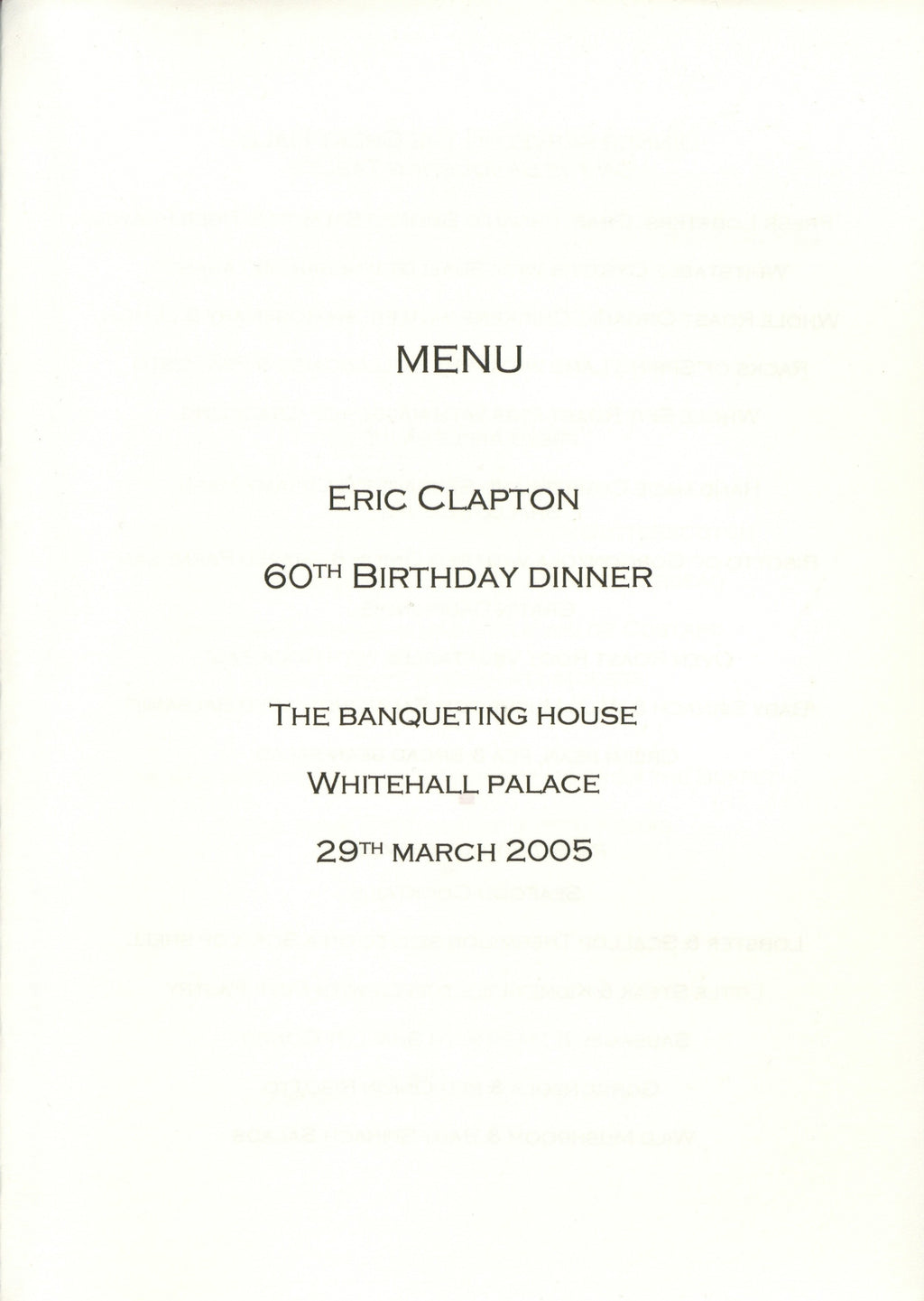 Eric Clapton 60th birthday party programme and invitation