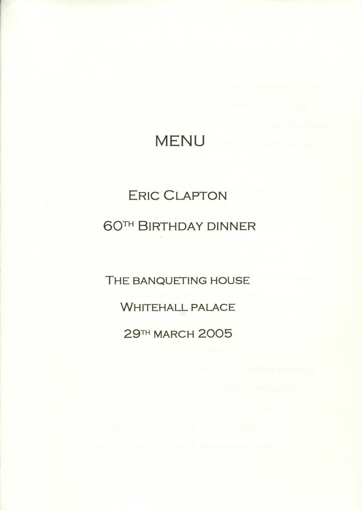 Eric Clapton 60th birthday party programme and invitation