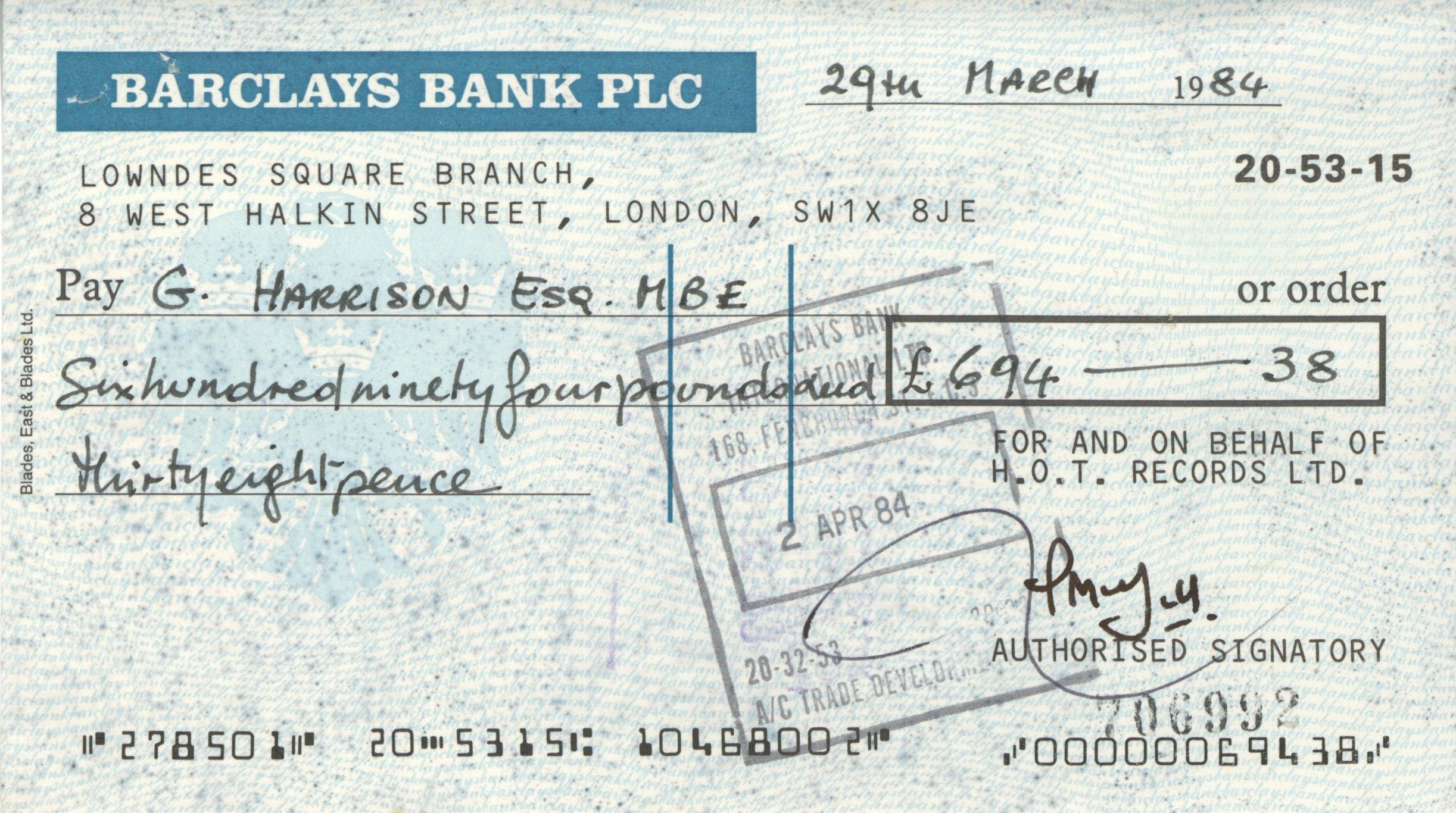 George Harrison Bank Cheque, 1984