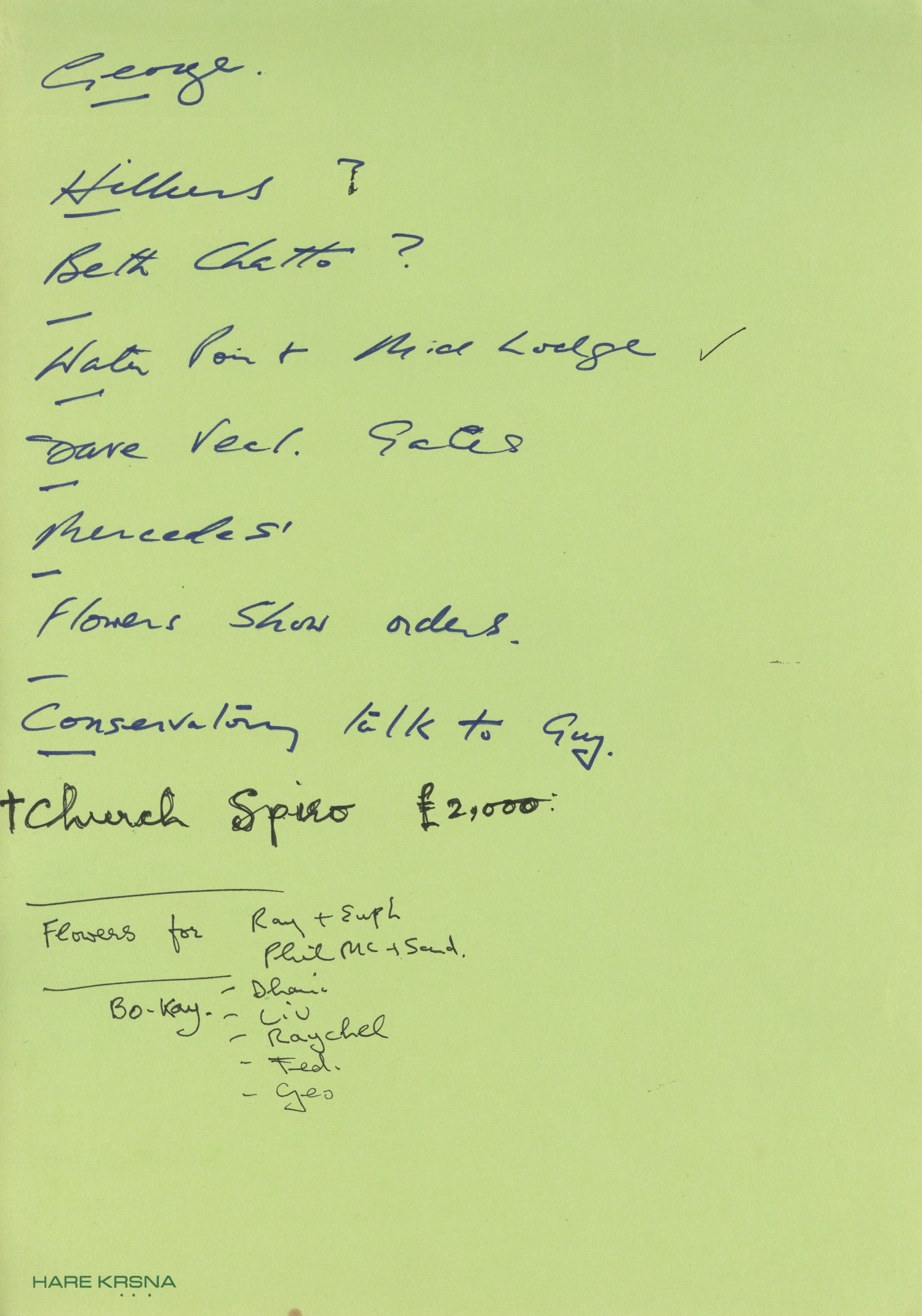 Friar Park Handwritten To-Do List