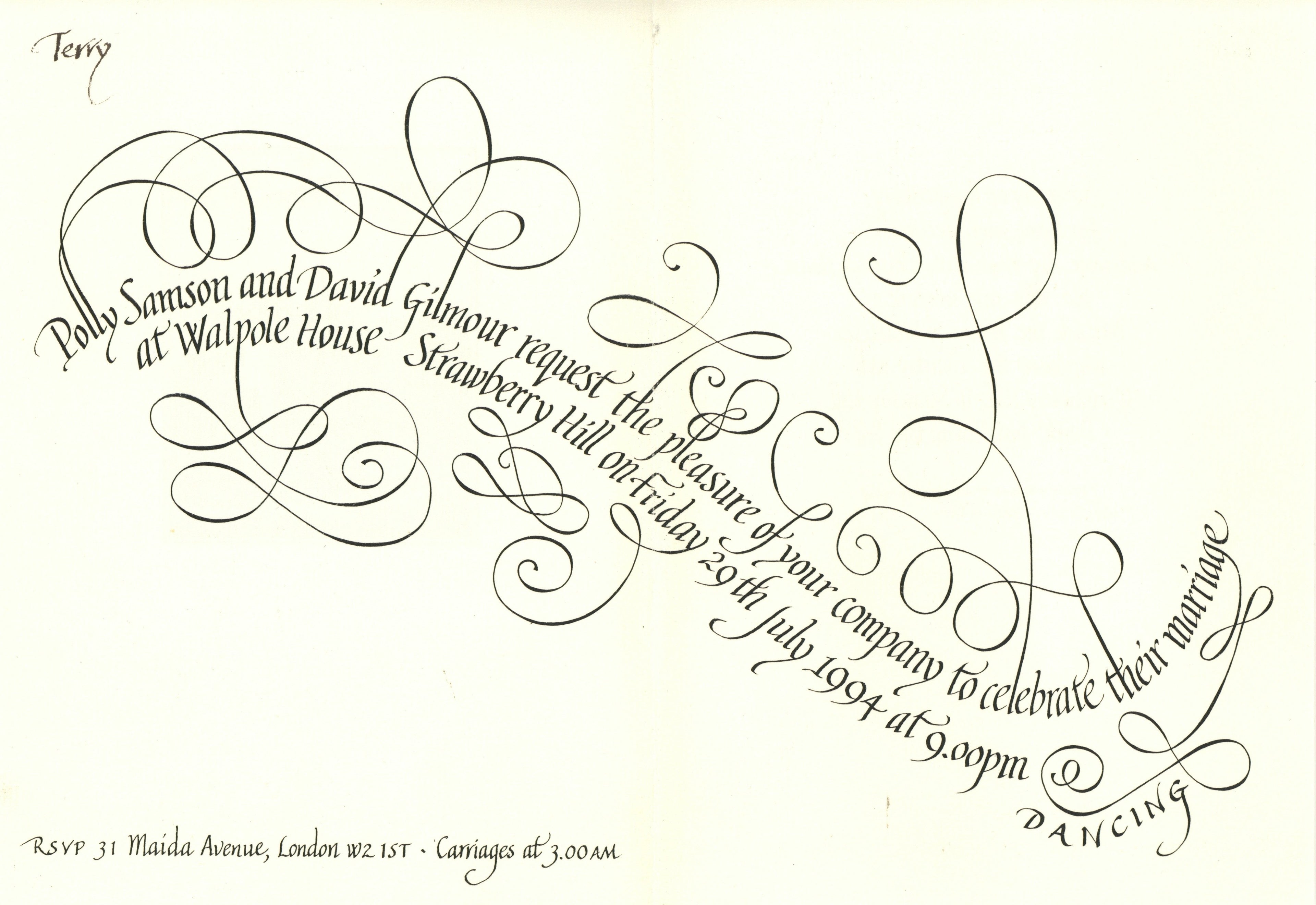 David Gilmour and Polly Samson Wedding Invitation, 1994
