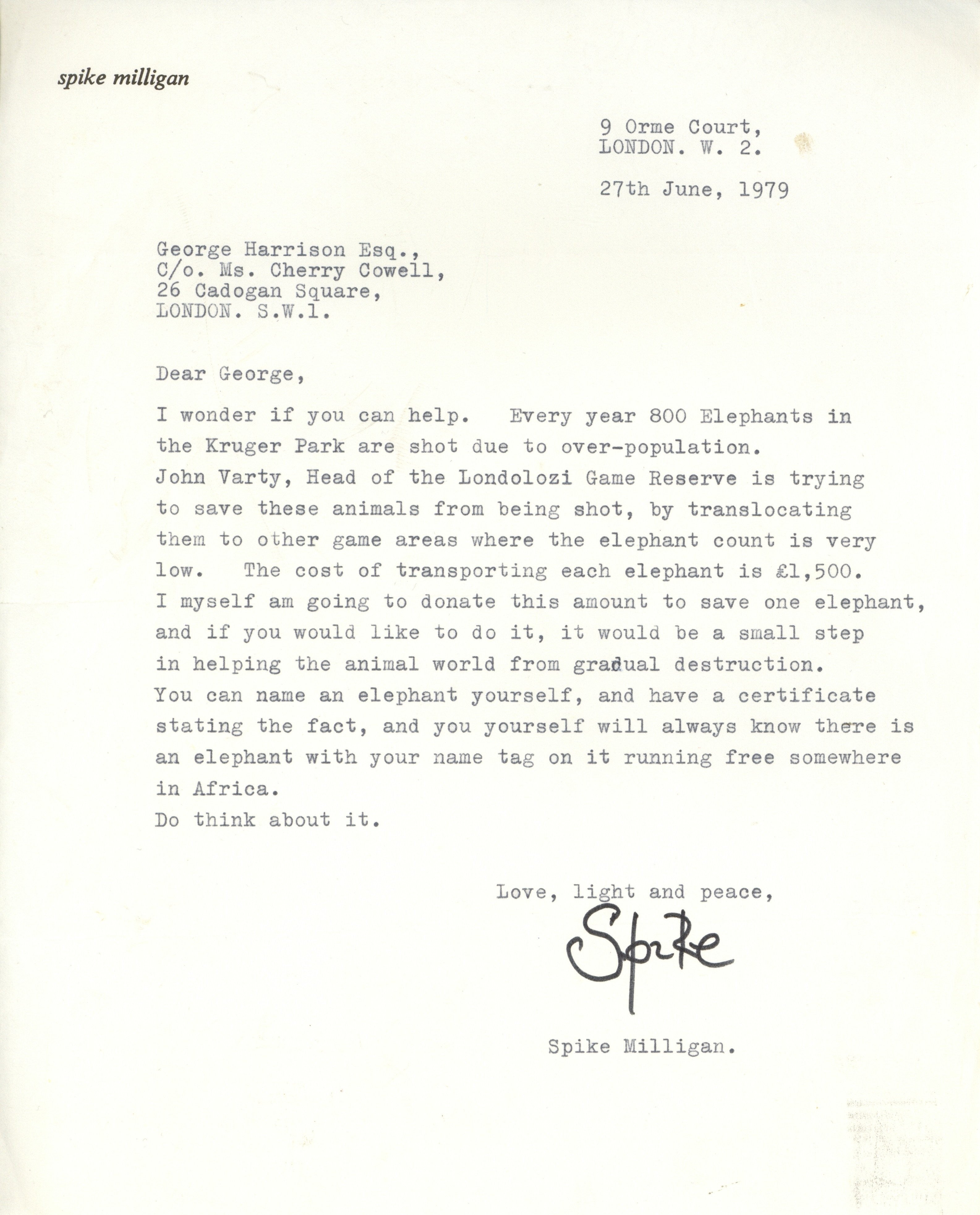 Spike Milligan letter to George Harrison 1979