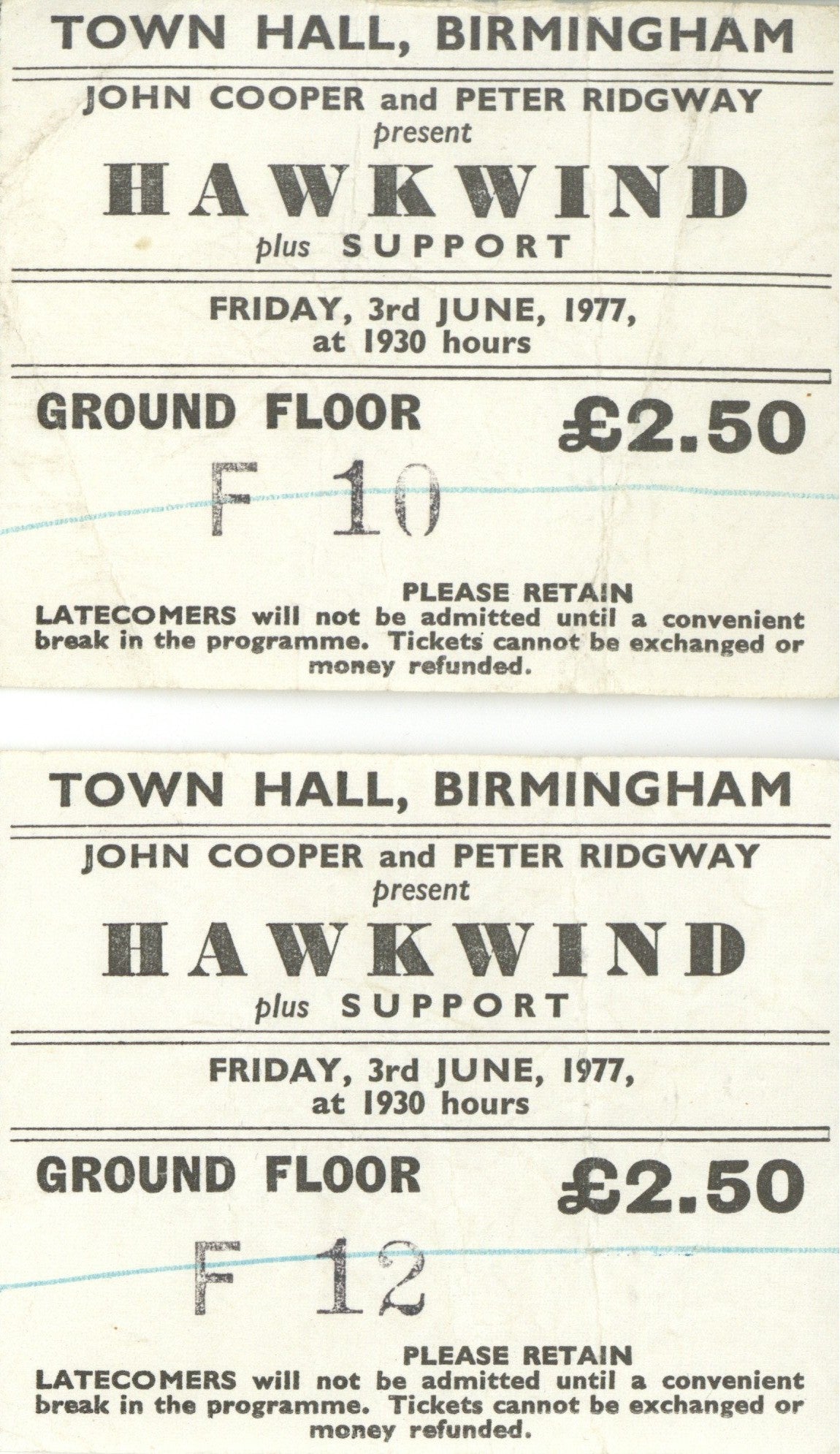 Hawkwind concert ticket stubs 1977