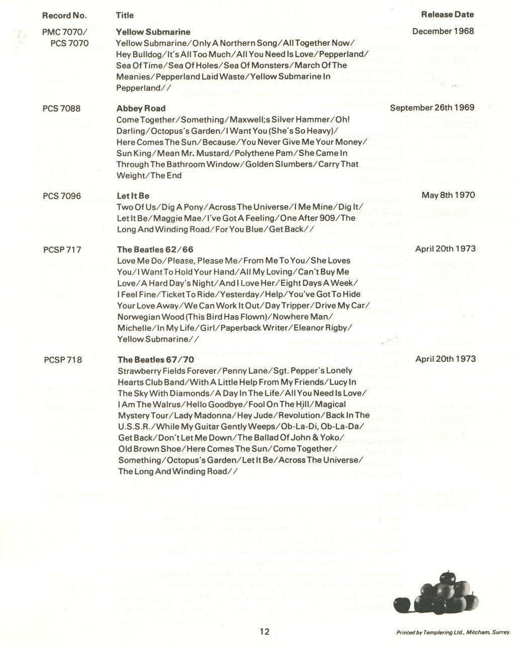 Apple Records promotional catalogue June 1973