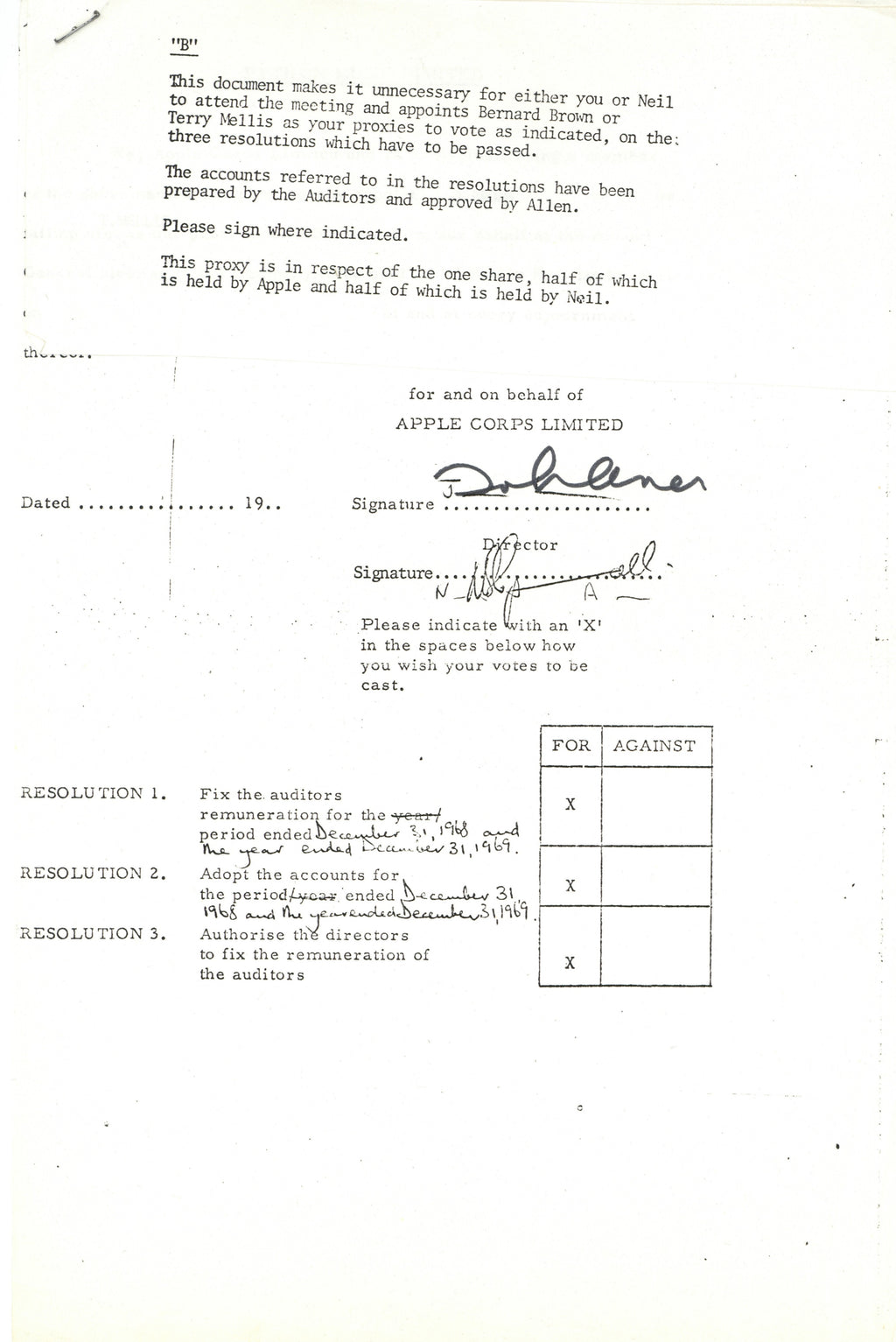 John Lennon Signed Apple Corps Proxy Document for Python Music Limited