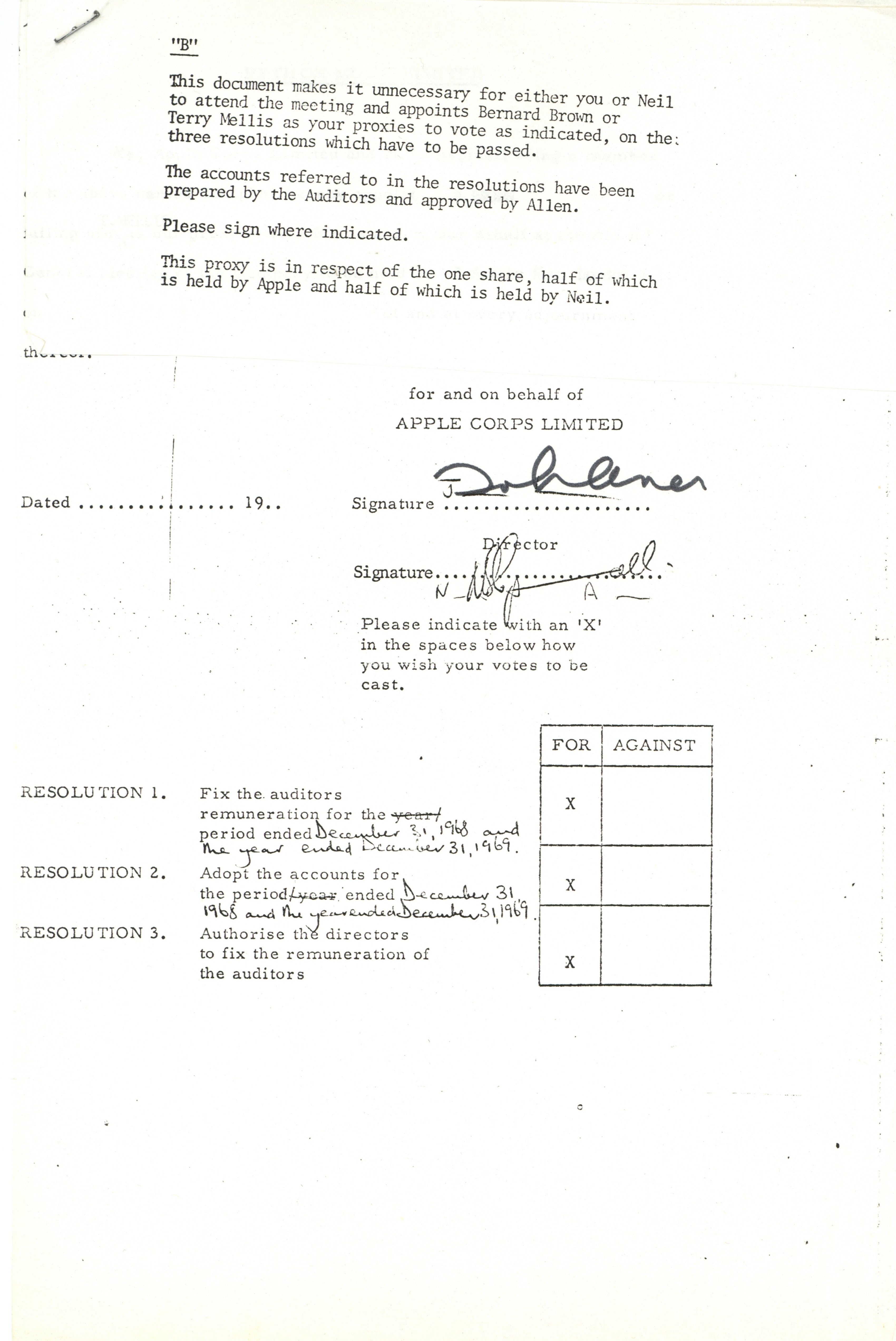 John Lennon Signed Apple Corps Proxy Document for Python Music Limited