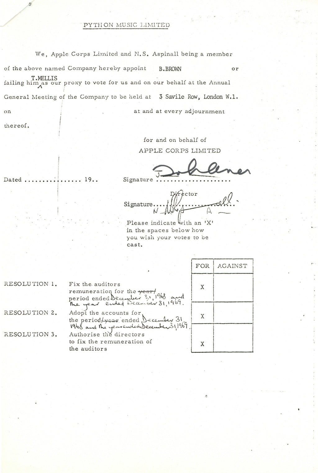 John Lennon Signed Apple Corps Proxy Document for Python Music Limited
