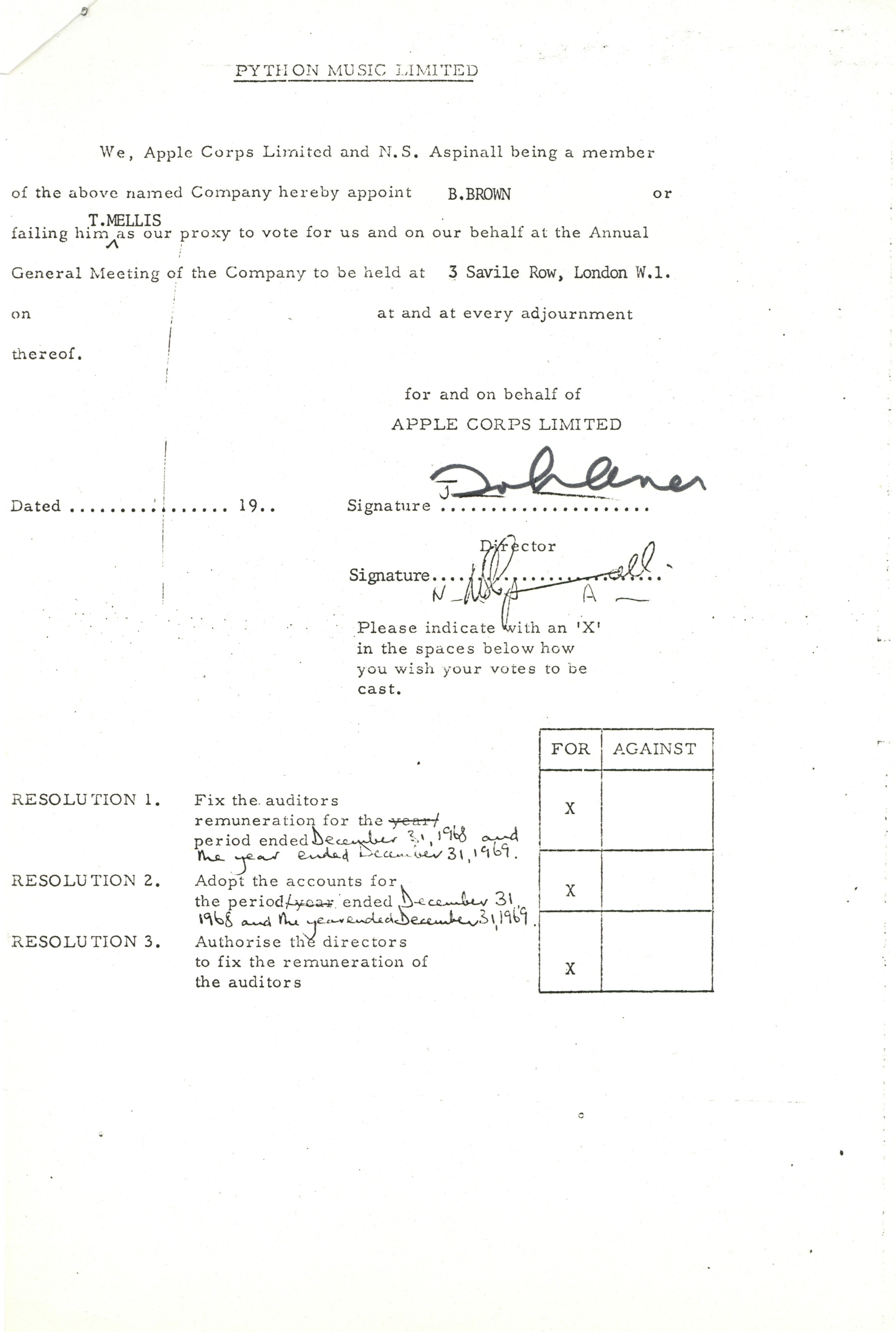 John Lennon Signed Apple Corps Proxy Document for Python Music Limited