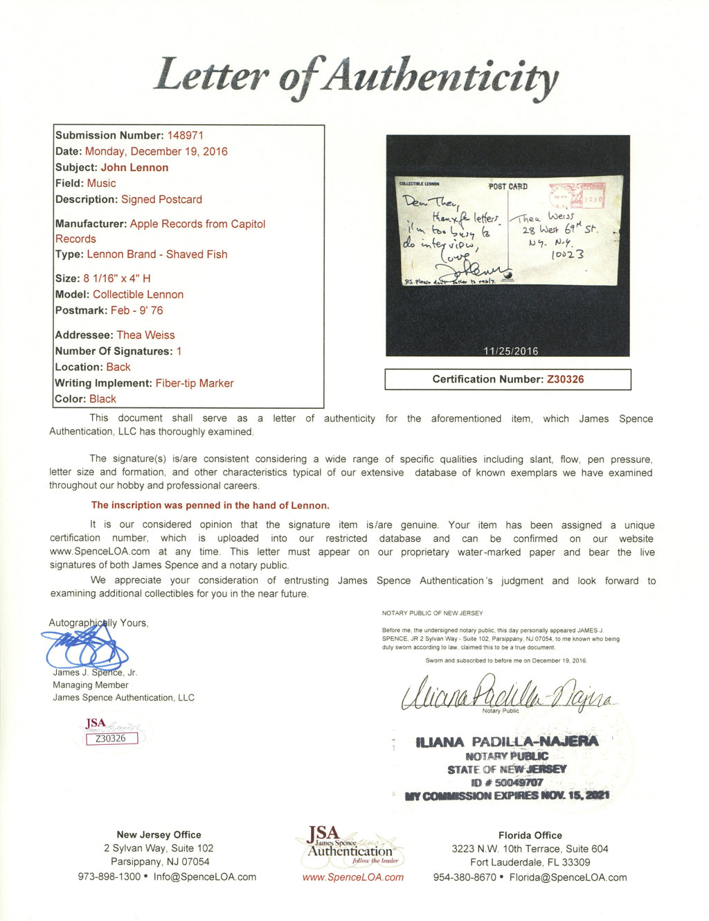 John Lennon handwritten Postcard 1976