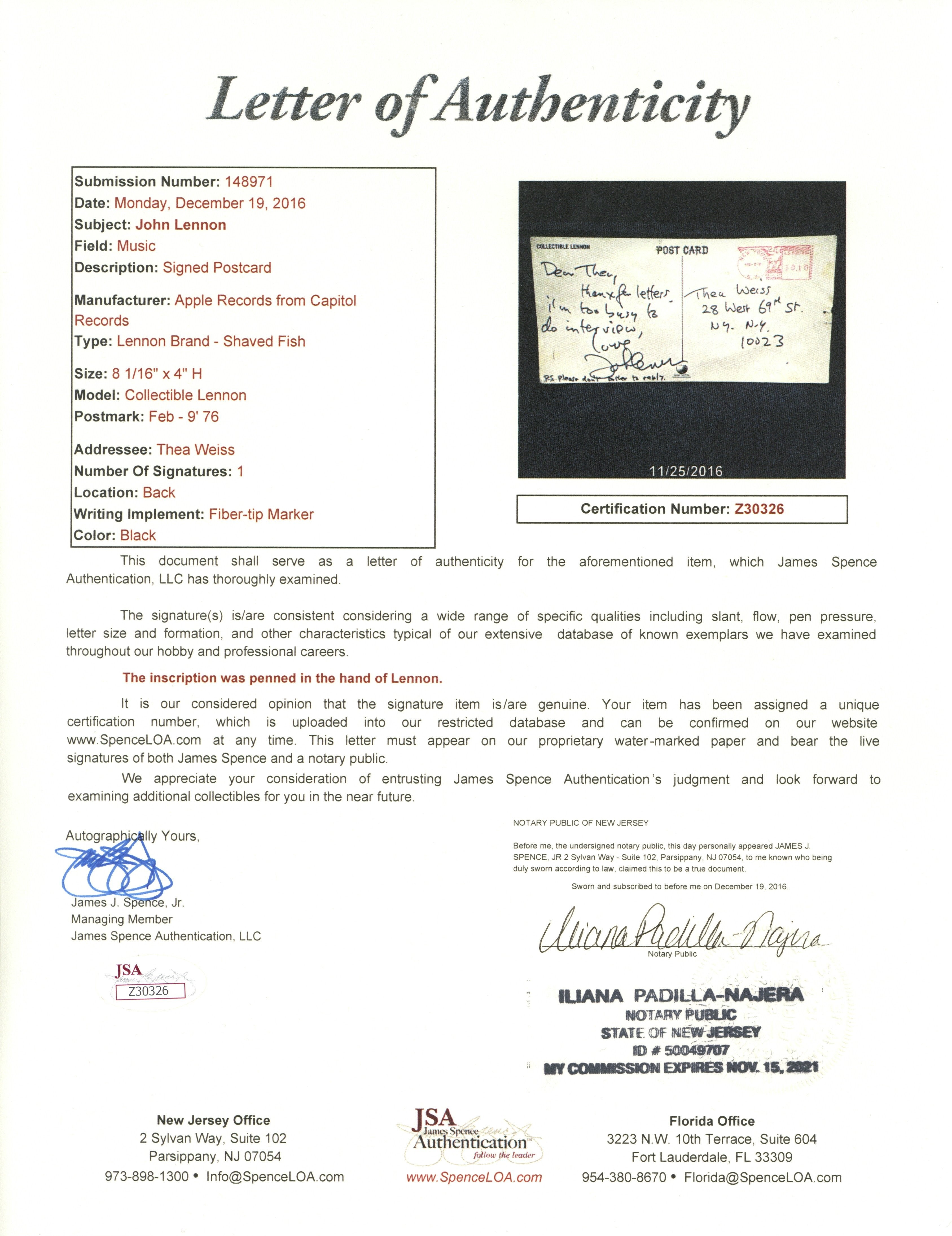 John Lennon handwritten Postcard 1976