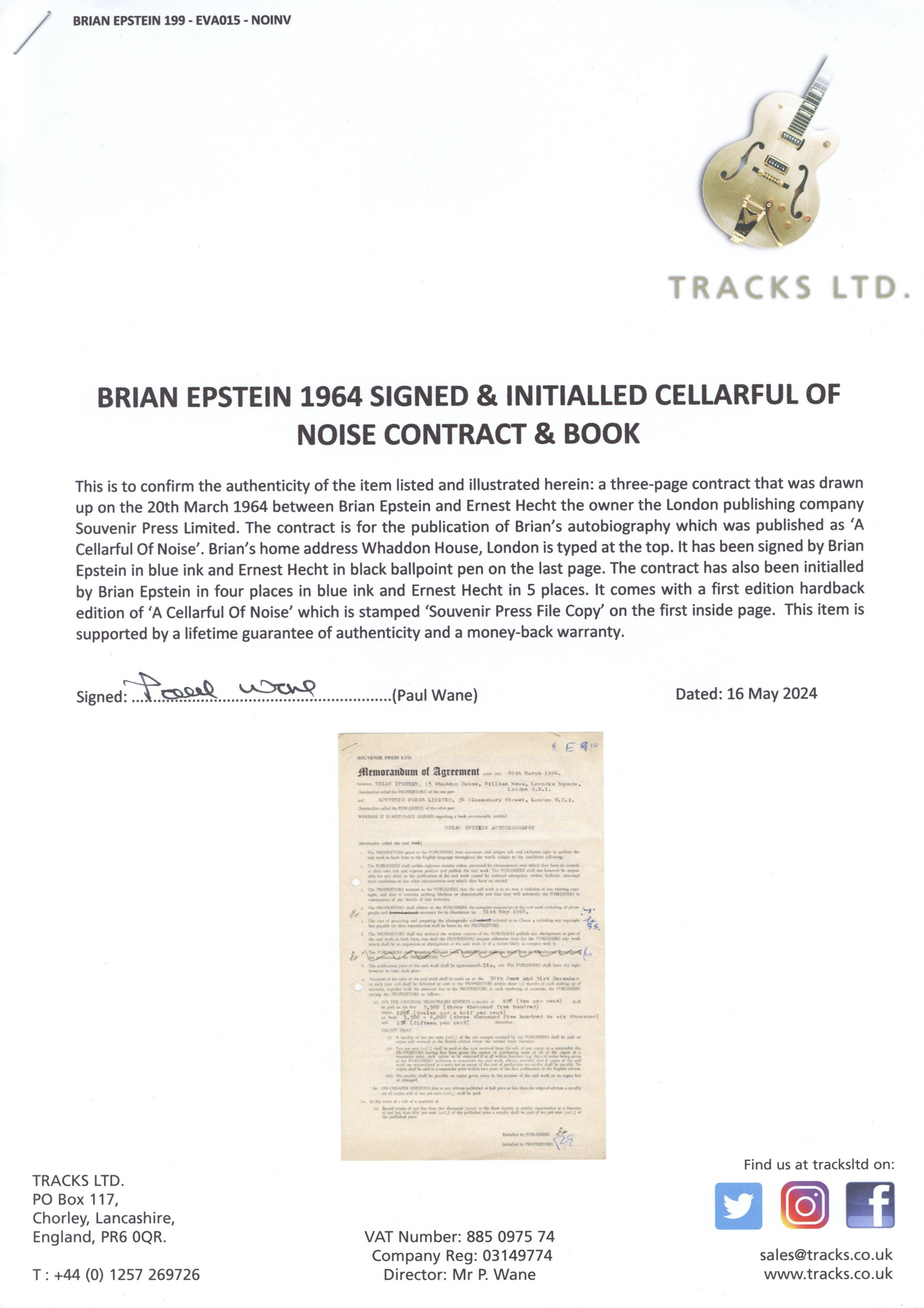 Brian Epstein Signed & Initialled Cellarful of Noise Contract & Book 1964