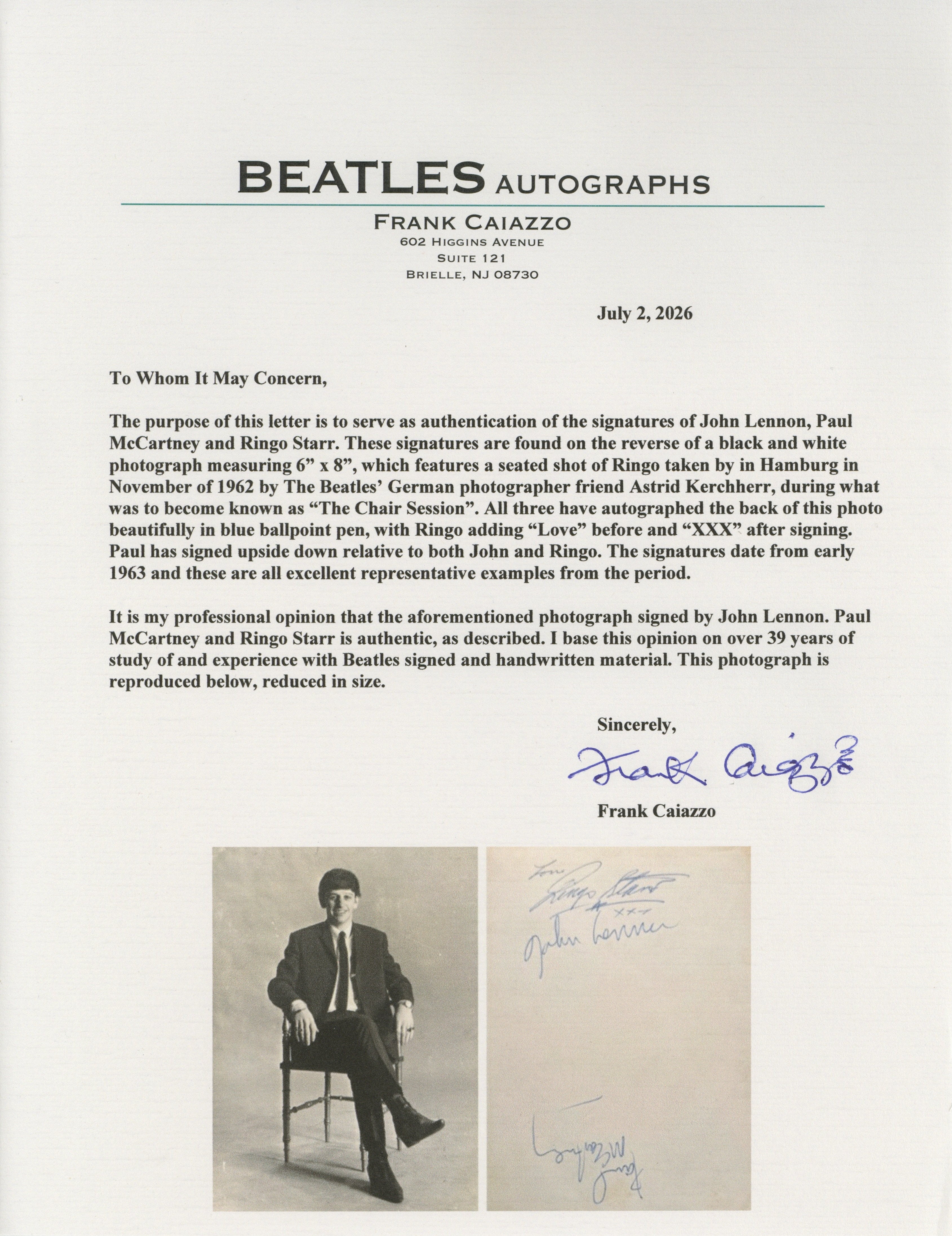 The Beatles signed Astrid Kirchherr Chair session Photograph 1963