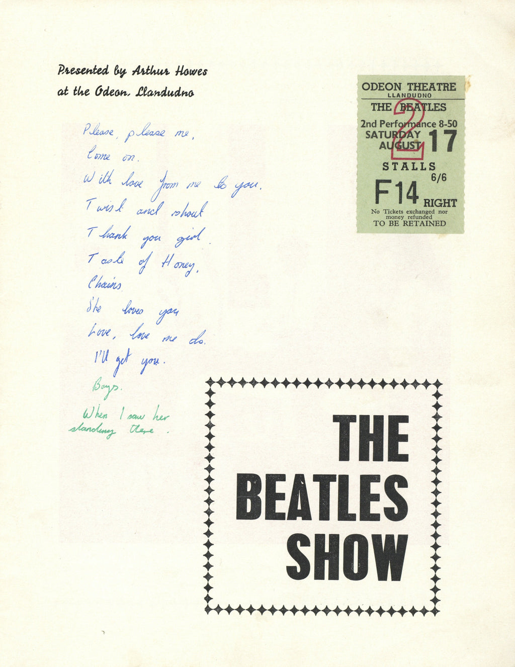 The Beatles Show — Llandudno Concert Programme and Ticket Stub, 1963
