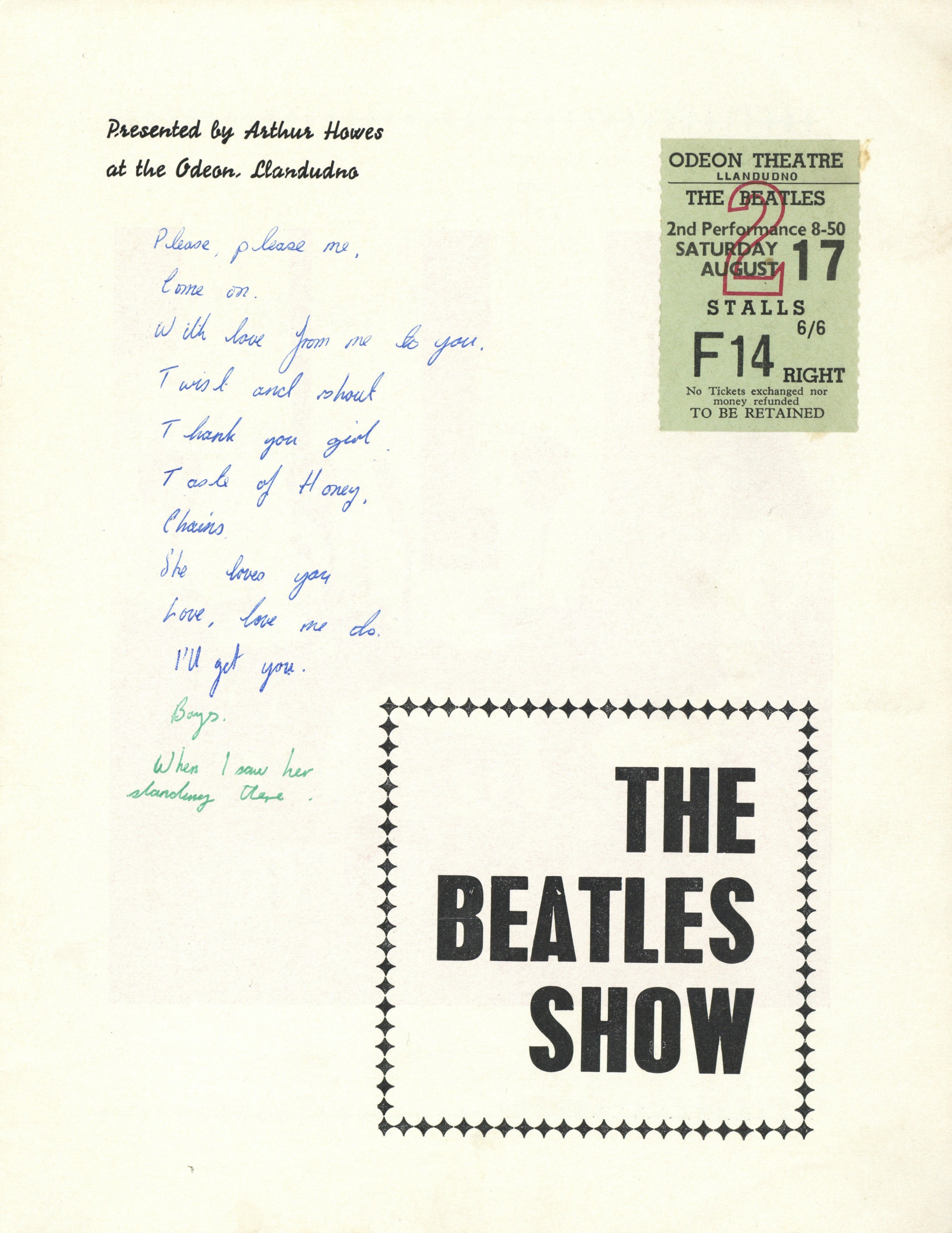 The Beatles Show — Llandudno Concert Programme and Ticket Stub, 1963