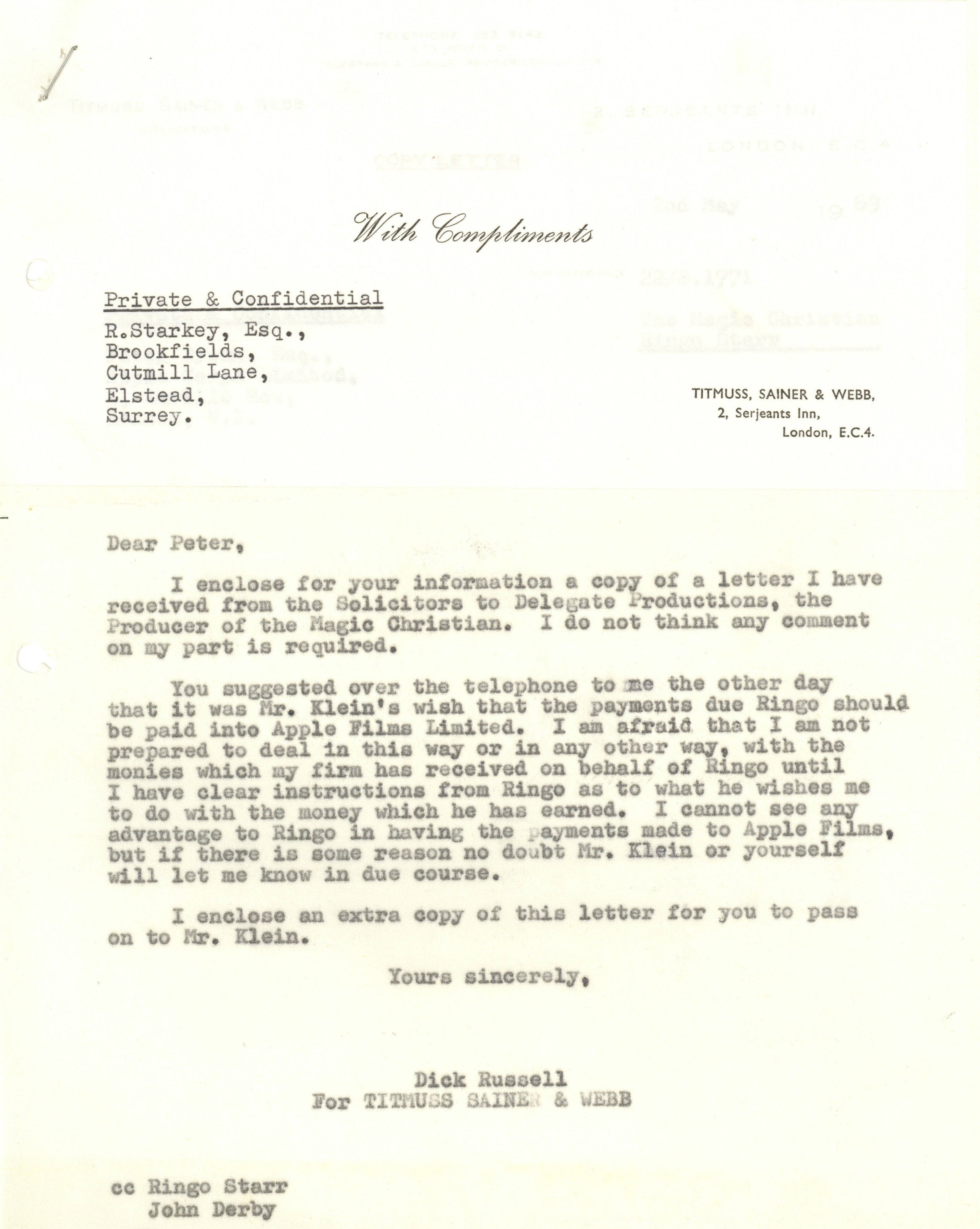 Ringo Starr Magic Christian Correspondence Letter