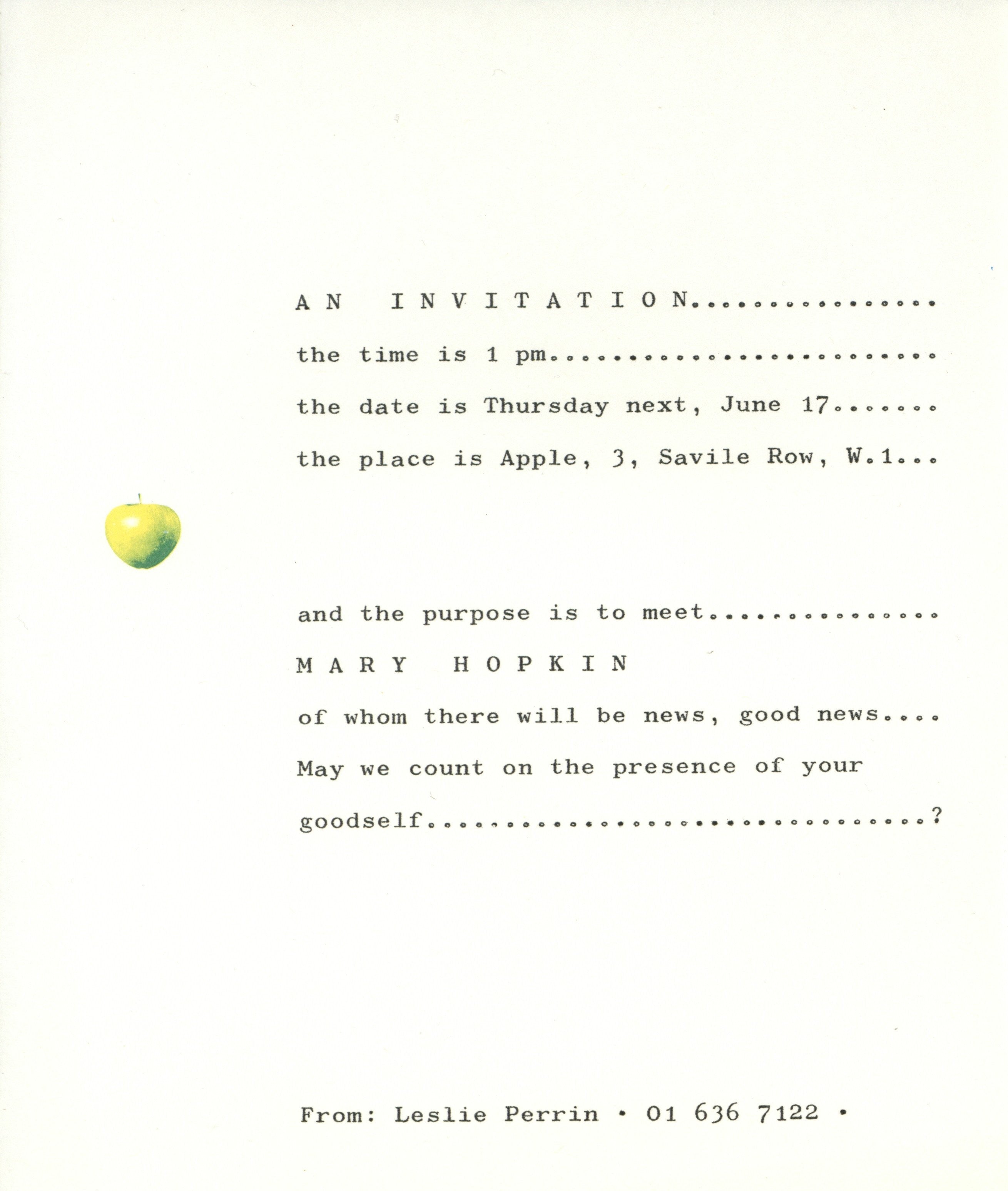 Mary Hopkins Apple Records Invitation 1971