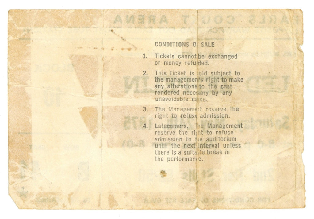 Led Zeppelin Earls Court Arena London 1975 Concert Programme and Ticket Stub