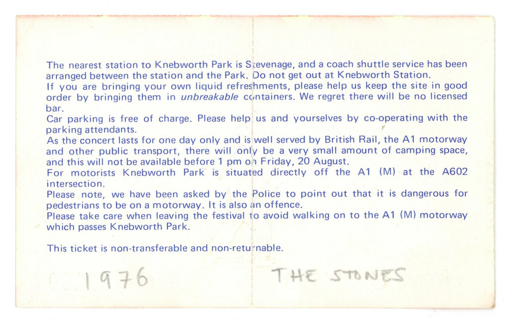 The Rolling Stones Knebworth Fair Ticket 1976
