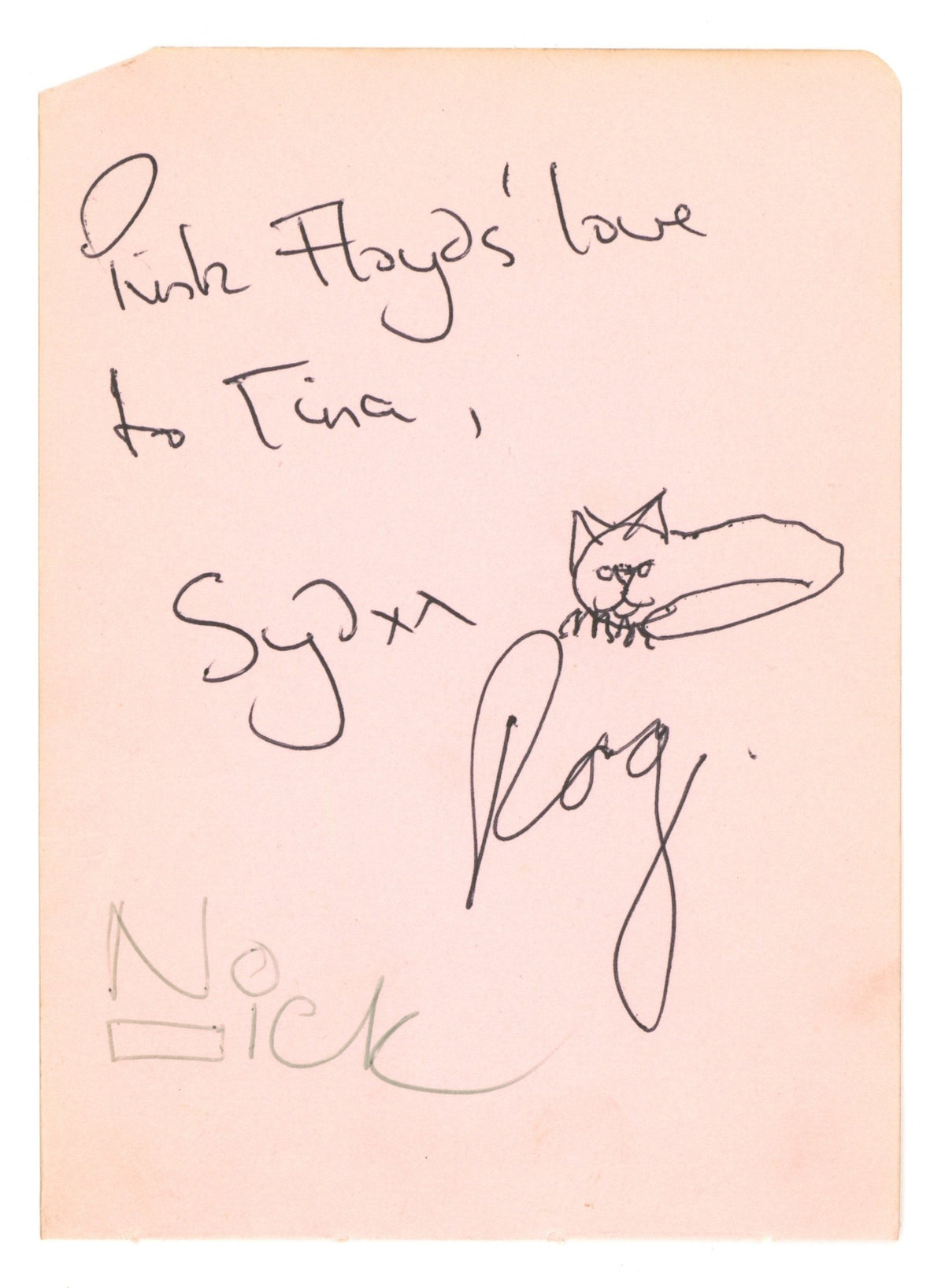 Pink Floyd autographs with Syd Barrett cat drawing 1967